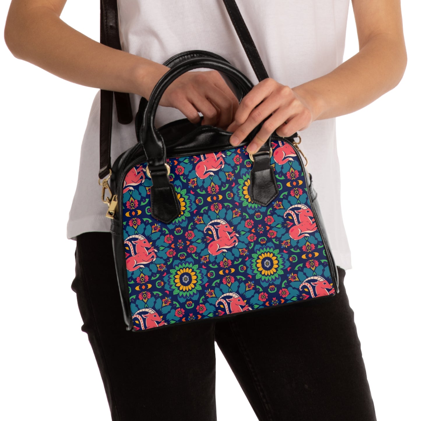 Shoulder Handbag, Capricorn, Zodiac, Flower Pattern
