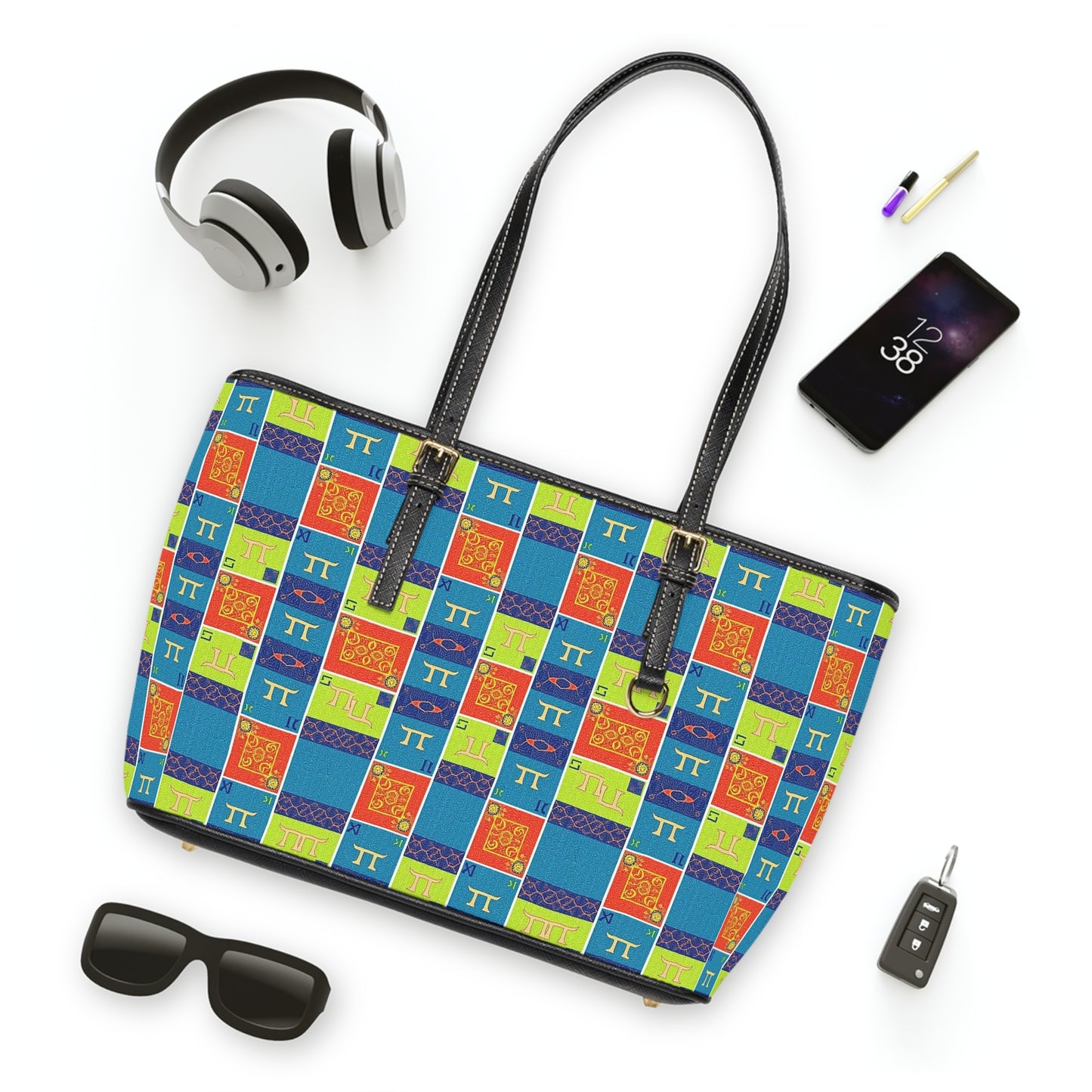 Leather Shoulder Bag, Gemini, Zodiac v1, Shapes Pattern