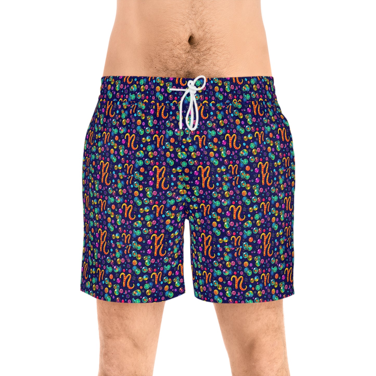 Men's Mid-Length Swim Shorts, (AOP), Aquarius, Zodiac v3, Bubble Pattern
