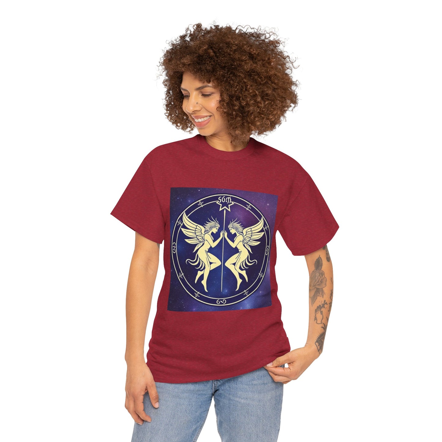 Unisex Heavy Cotton T-Shirt, Space Angel Twins v1, Gemini Zodiac Design