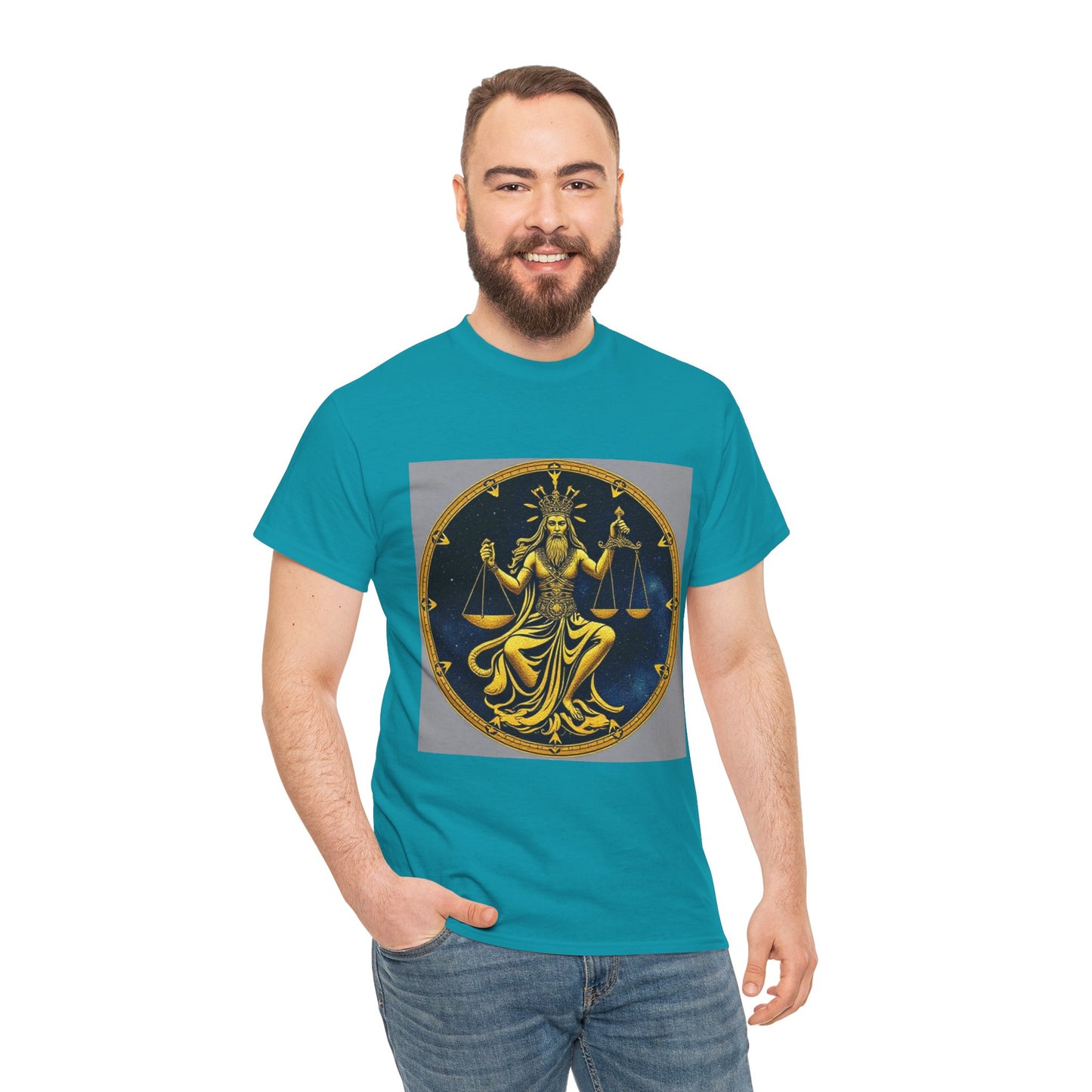 Unisex Heavy Cotton T-Shirt, Gold v1, Libra God, Zodiac Design
