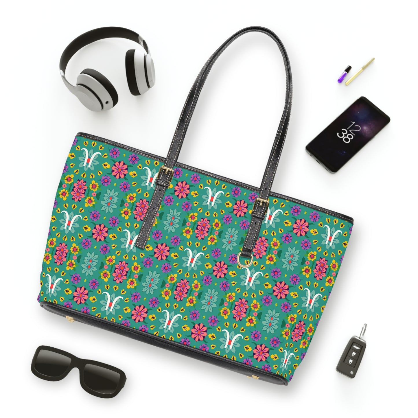 Leather Shoulder Bag, Aquarius, Zodiac v2, Flower Pattern