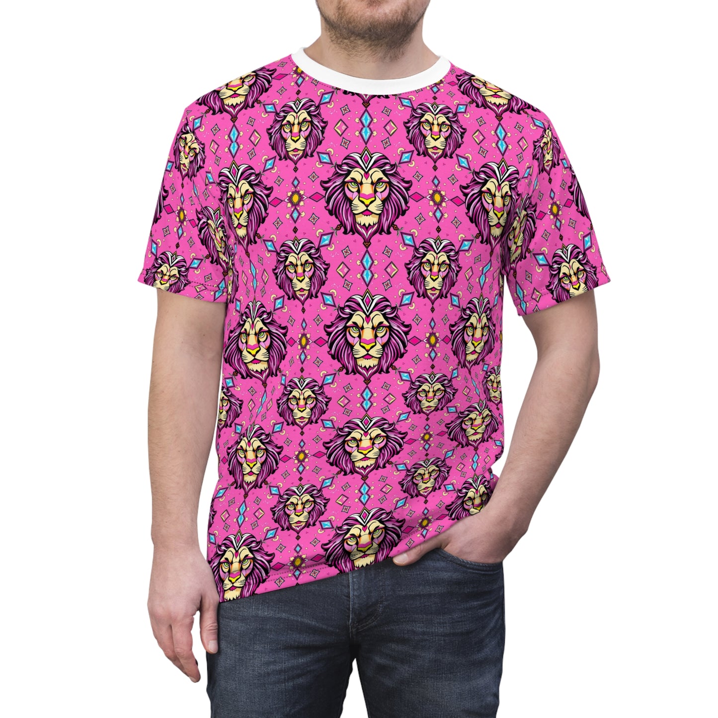 Unisex Cut & Sew T-Shirt, (AOP), Leo, Zodiac v3, Jewels Pattern