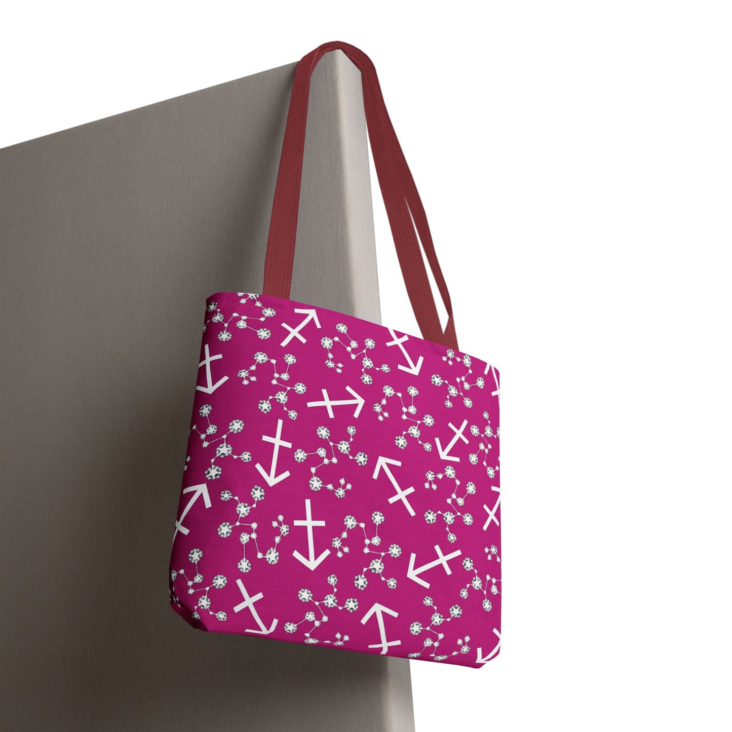 Tote Bag, Sagittarius Zodiac Sign, AOP, (Pink, White Print)