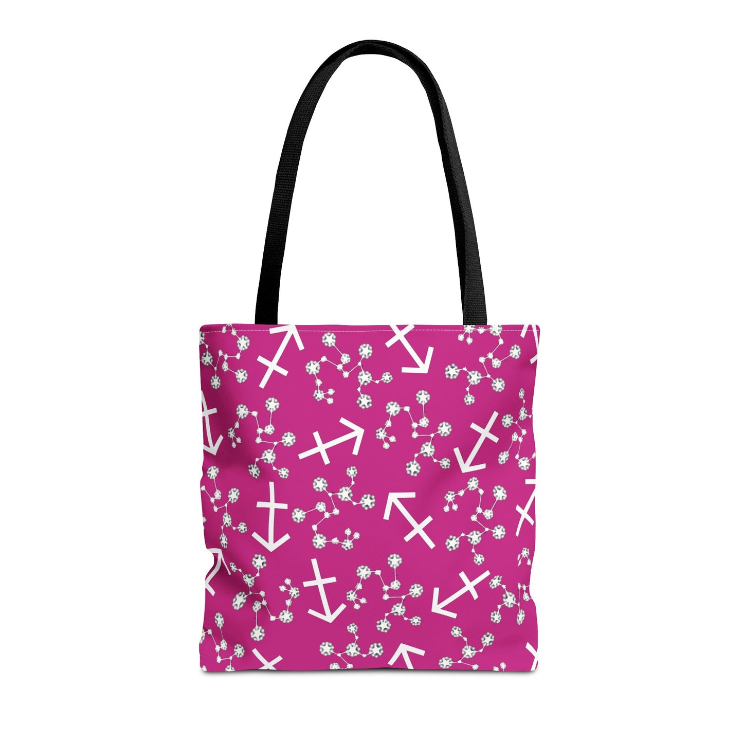 Tote Bag, Sagittarius Zodiac Sign, AOP, (Pink, White Print)