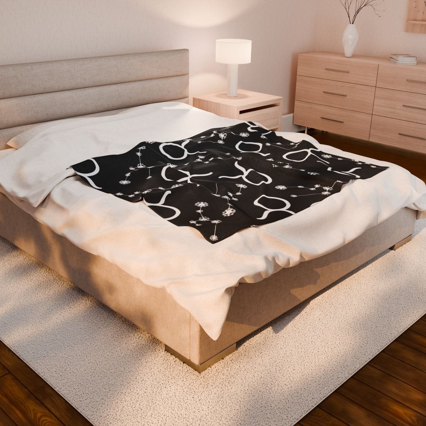 Velveteen Plush Blanket, Taurus Zodiac Sign, Constellation & Symbol, Black, 100% polyester