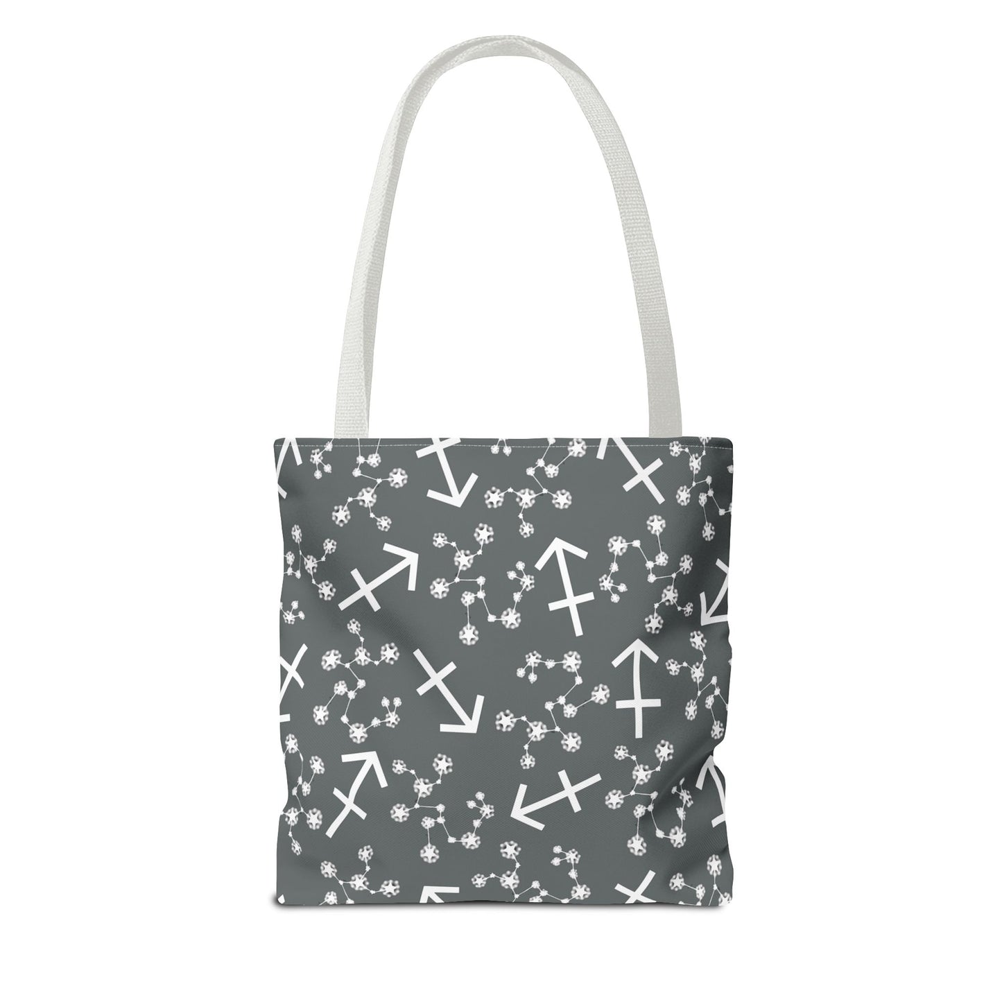 Tote Bag, Sagittarius Zodiac Sign, AOP, (Grey, White Print)