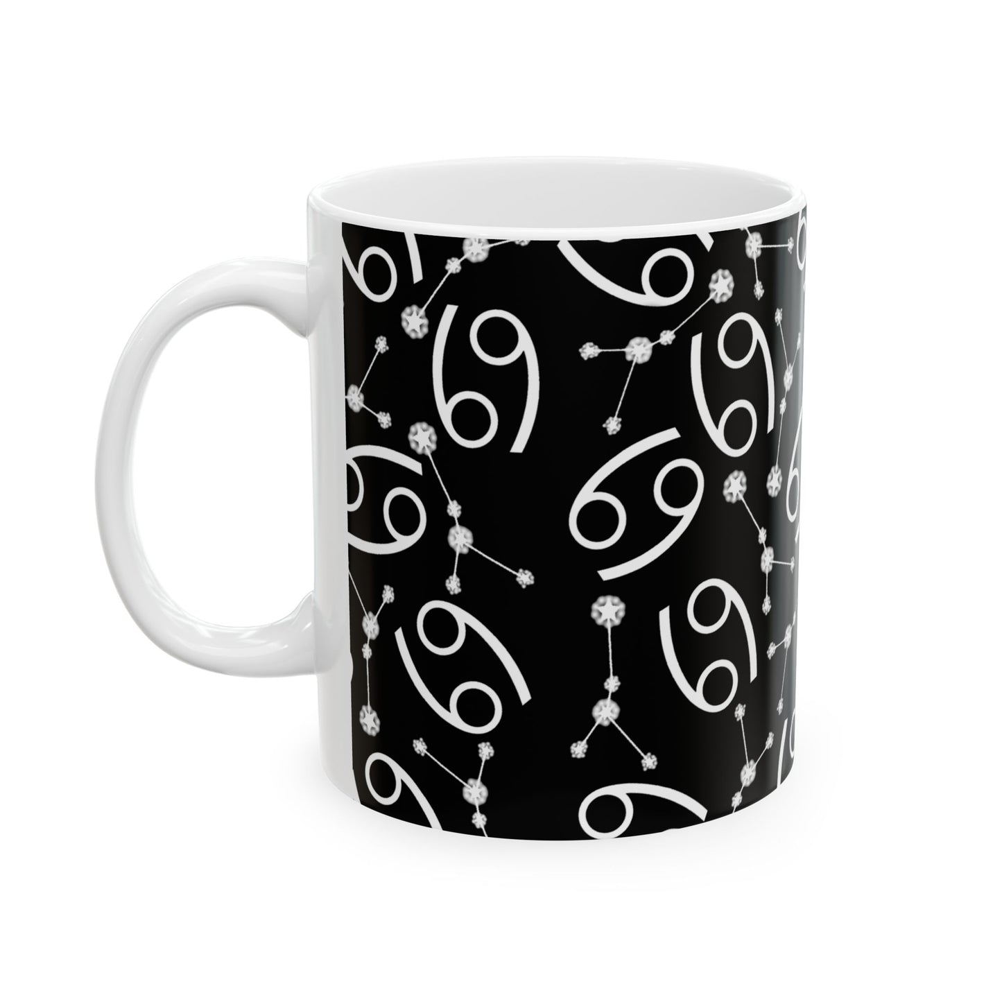 Ceramic Mug, (11oz, 15oz), Ceramic Coffee Mug, Black AOP, Cancer Zodiac Design