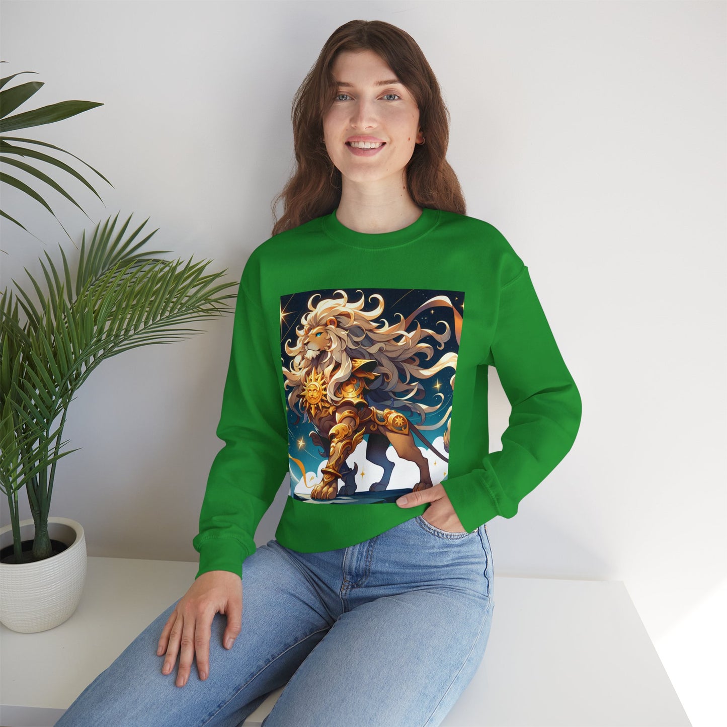 Unisex Heavy Blend™ Crewneck Sweatshirt,Cool Lion with White Hair, Leo Zodiac Design