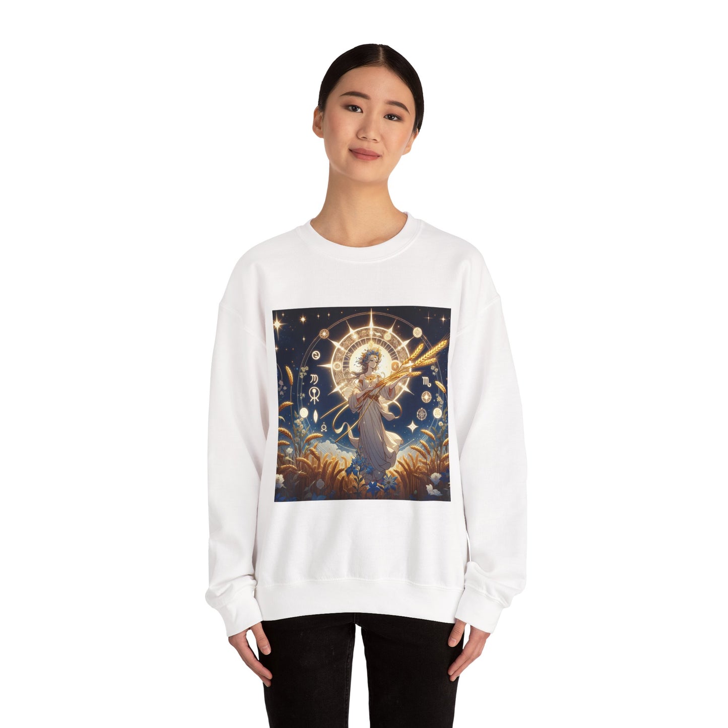 Unisex Heavy Blend™ Crewneck Sweatshirt, anime girl in wheat field, Virgo Zodiac Design