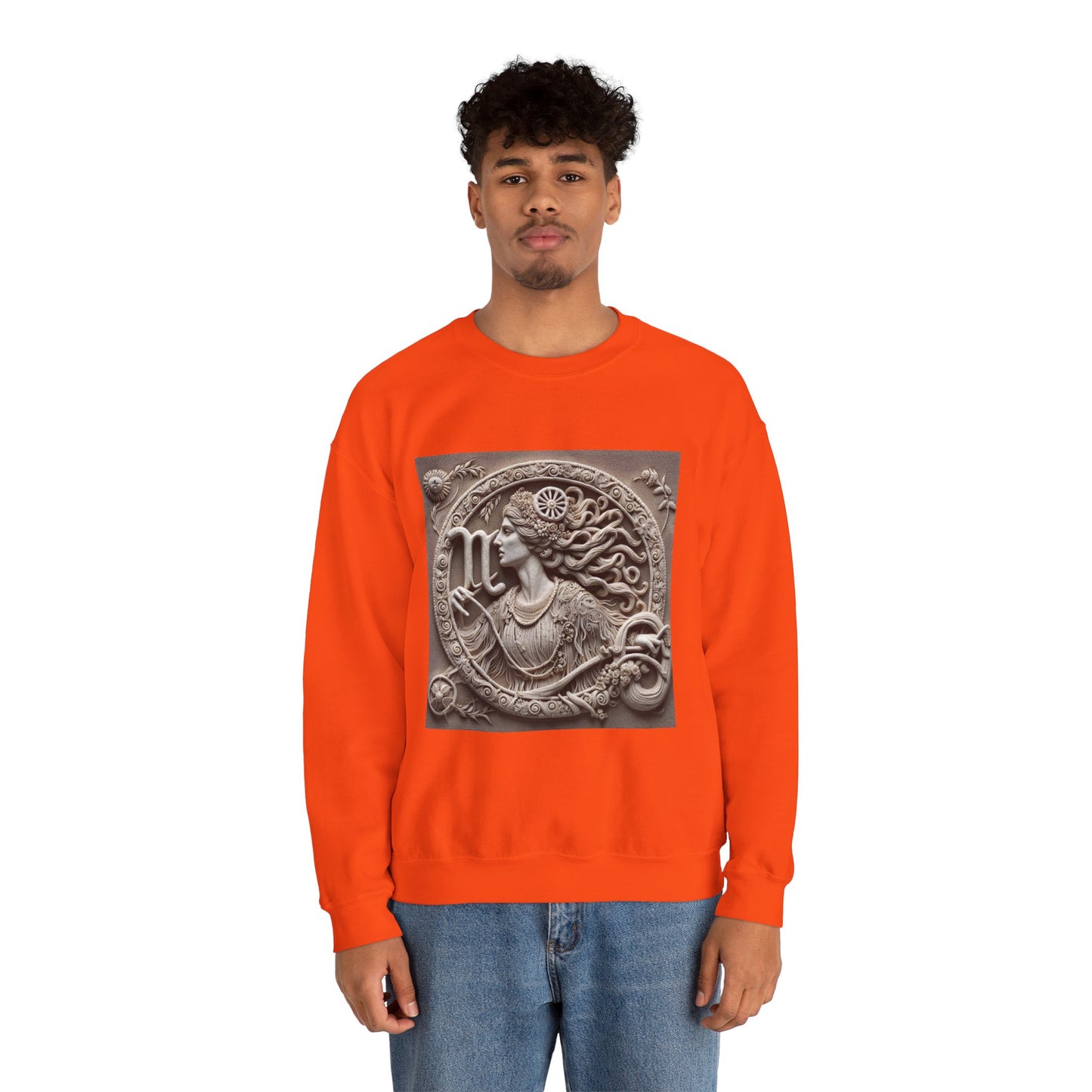 Unisex Heavy Blend™ Crewneck Sweatshirt, Stone Carving, Virgo Zodiac Design