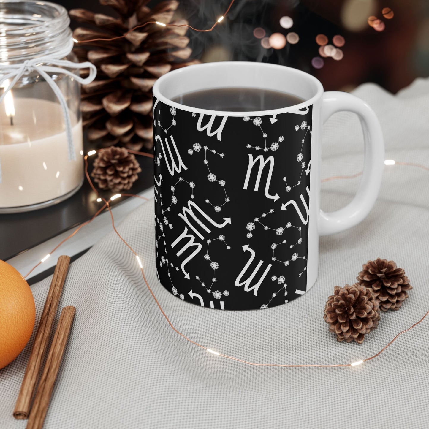 Ceramic Mug, (11oz, 15oz), Ceramic Coffee Mug, Black AOP, Scorpio Zodiac Design