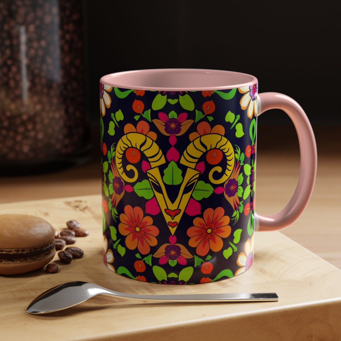 Accent Coffee Mug, Aries, Zodiac v2, Flower Pattern, (11, 15oz)