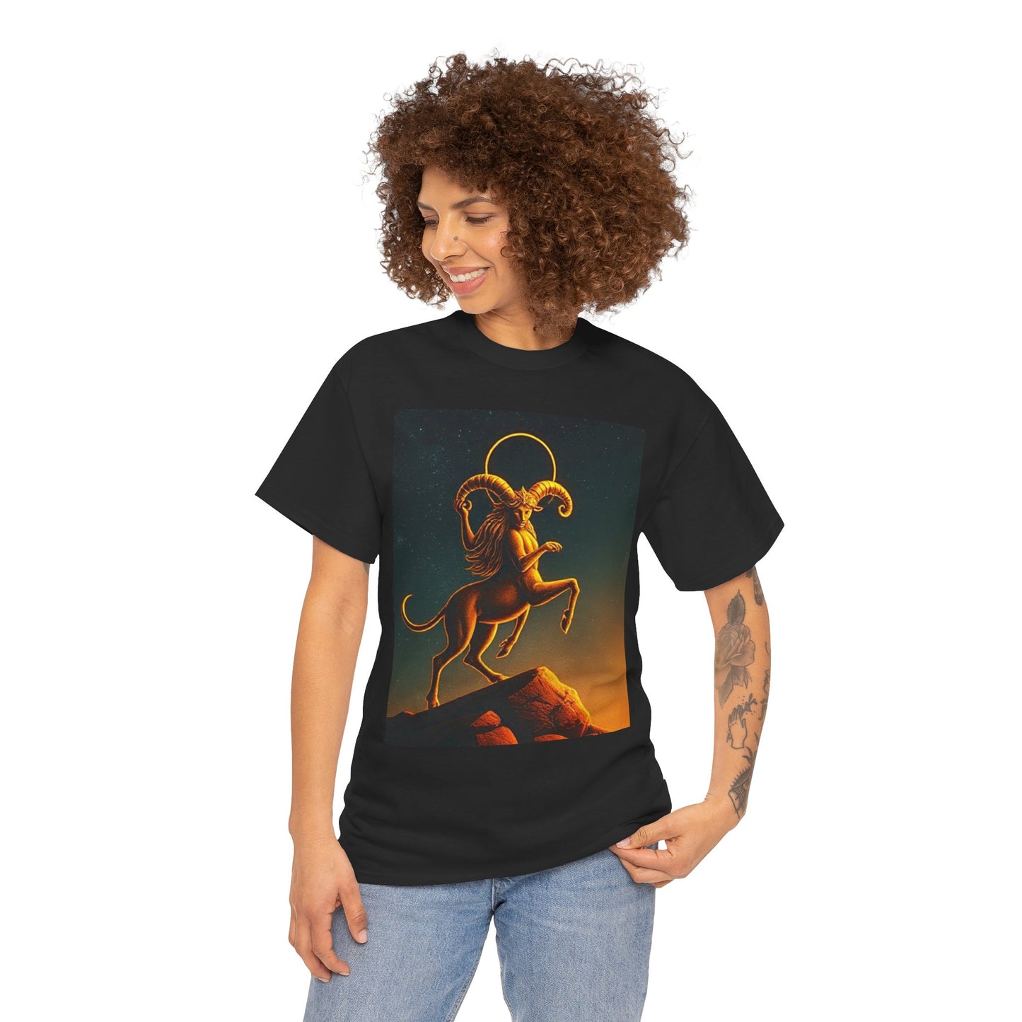 Unisex Heavy Cotton T-Shirt, Mountain Top, Aries Zodiac Design