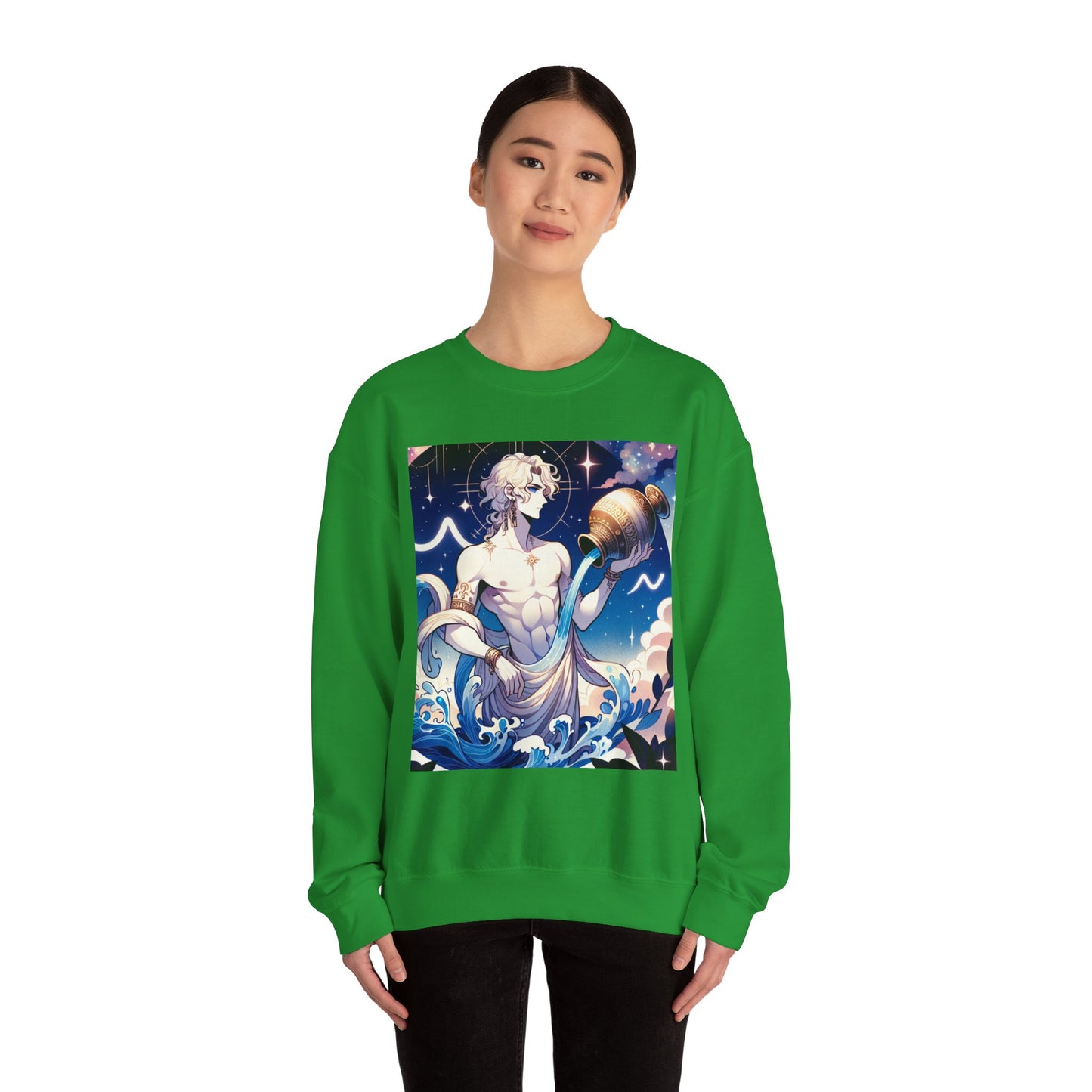 Unisex Heavy Blend™ Crewneck Sweatshirt, Anime Aqua God, Aquarius Zodiac Design