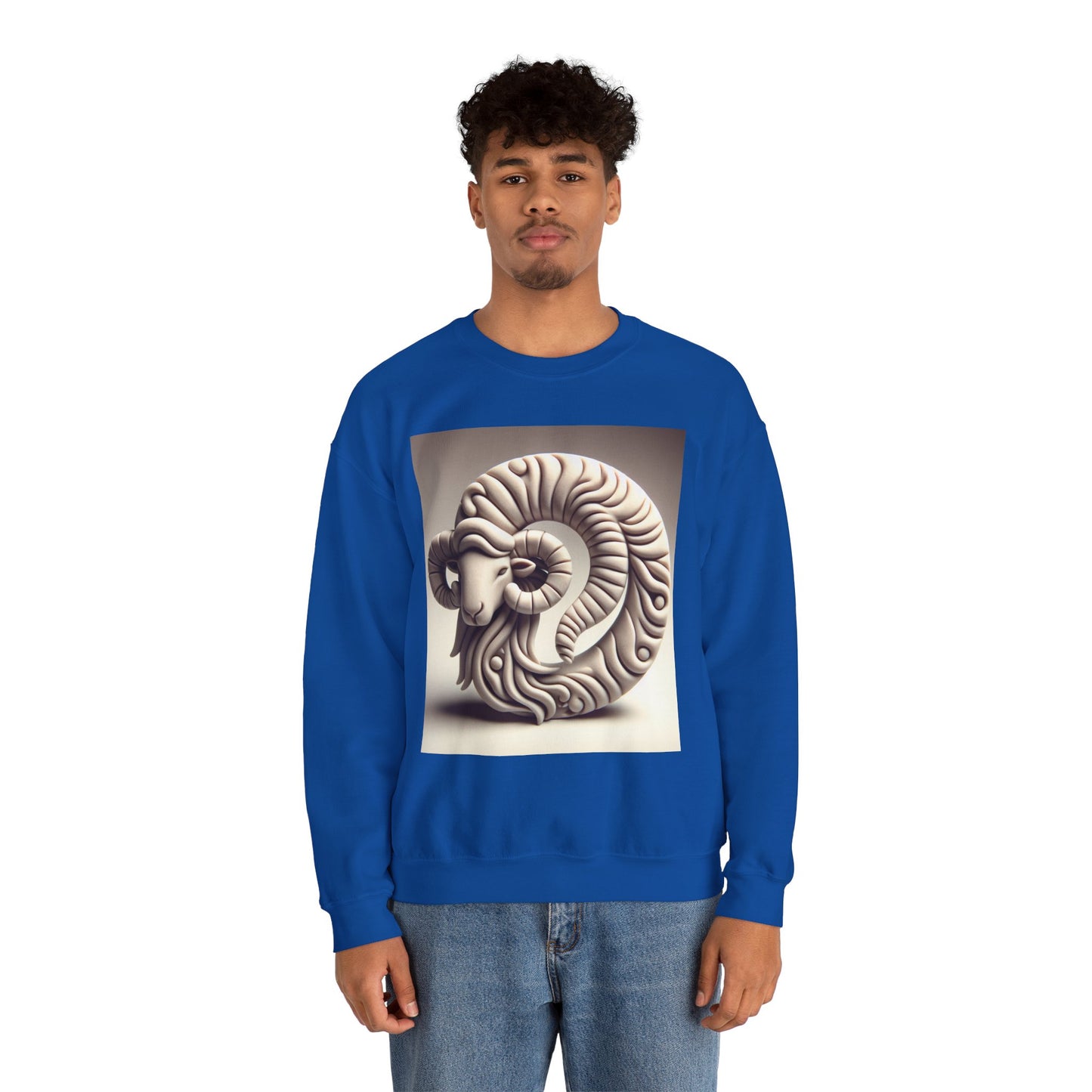 Unisex Heavy Blend™ Crewneck Sweatshirt, Round Statue, Aries Zodiac Design