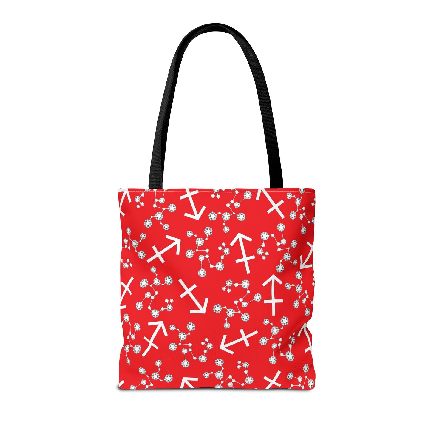 Tote Bag, Sagittarius Zodiac Sign, AOP, (Red, White Print)