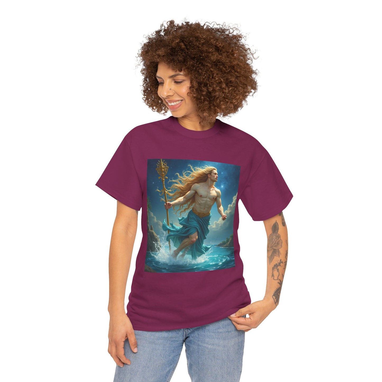 Unisex Heavy Cotton T-Shirt, Aquarius God 4v, Zodiac Design