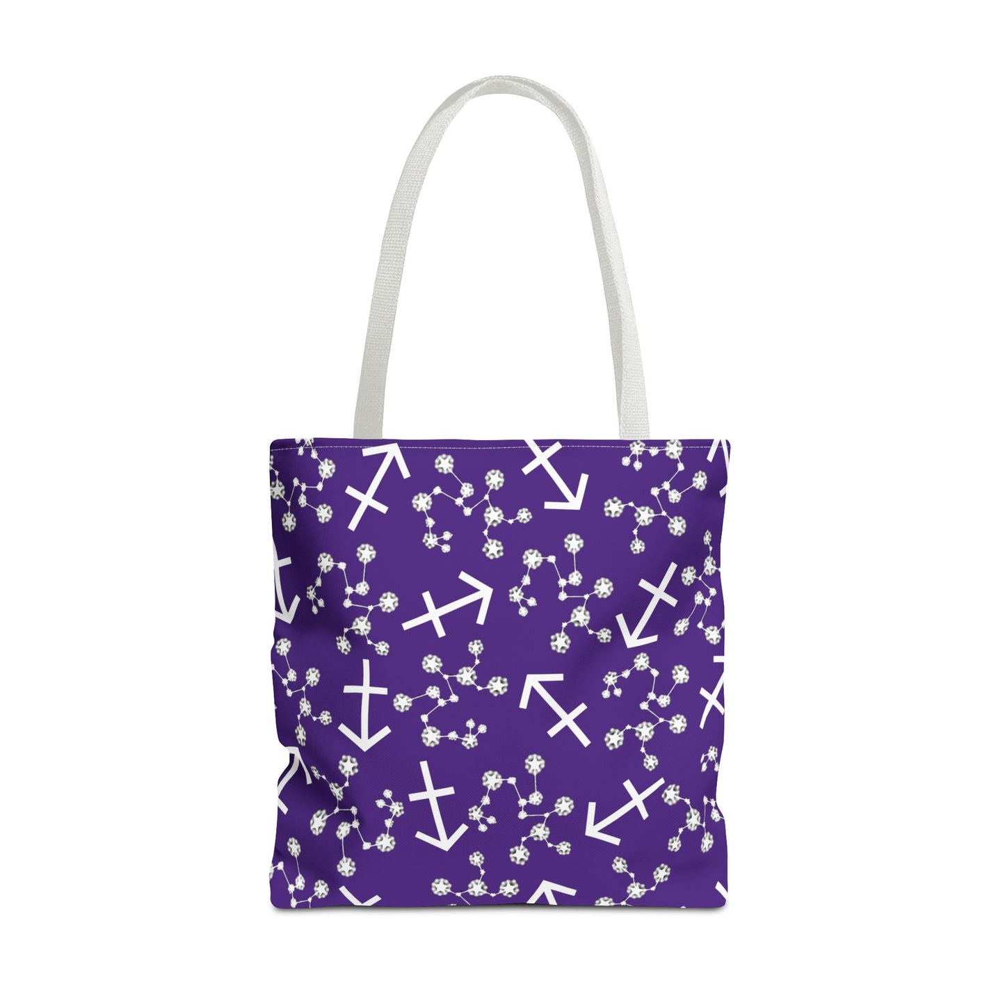 Tote Bag, Sagittarius Zodiac Sign, AOP, (Purple, White Print)