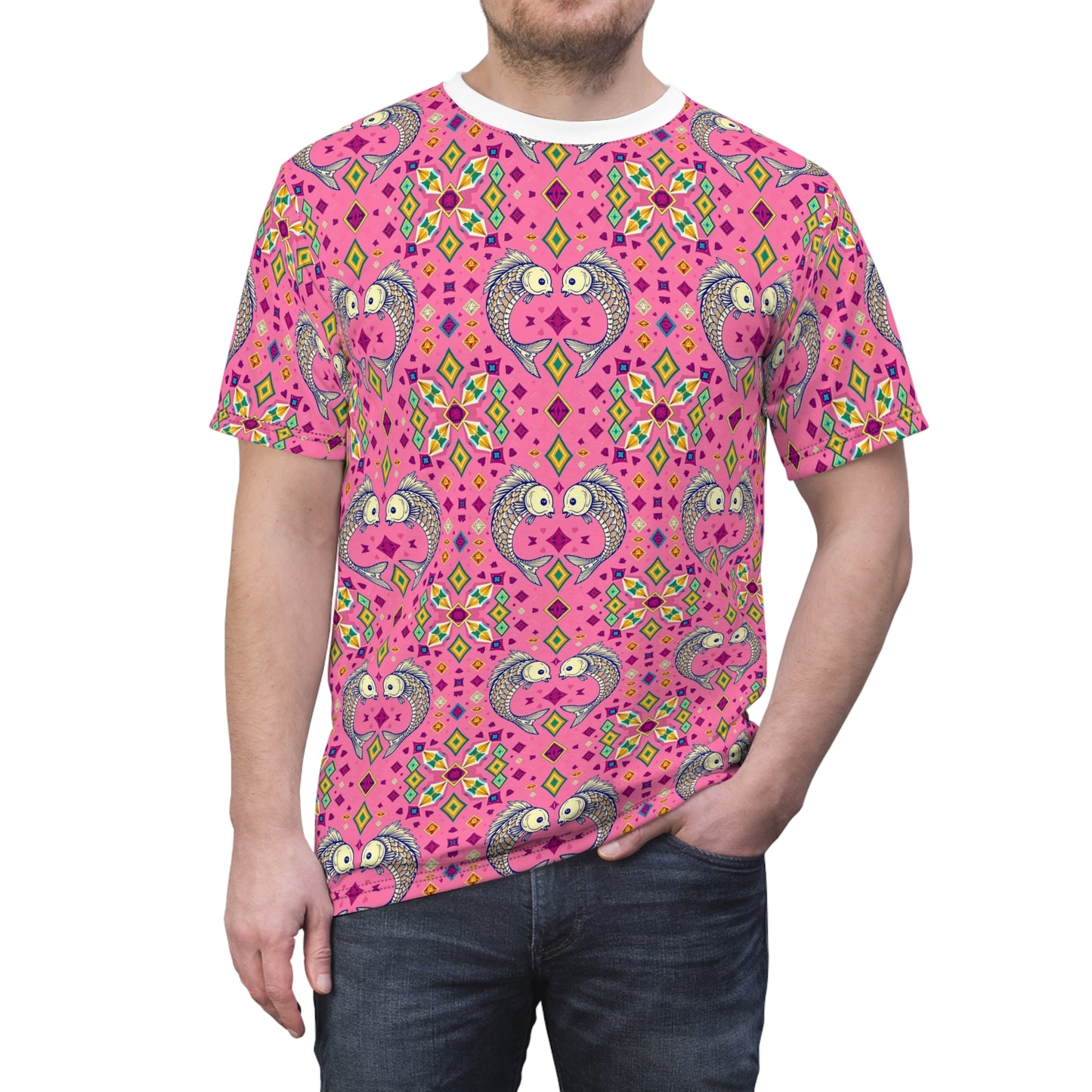 Unisex Cut & Sew T-Shirt, (AOP), Pisces, Zodiac v3, Jewels Pattern