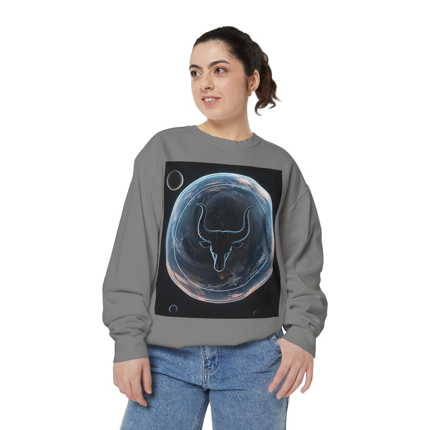 Garment-Dyed Sweatshirt, Unisex, Space Animal Design, Taurus