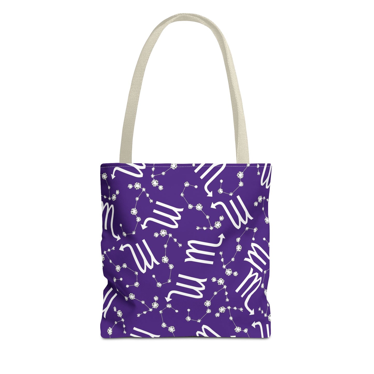 Tote Bag, Scorpio Zodiac Sign, AOP, (Purple, White)