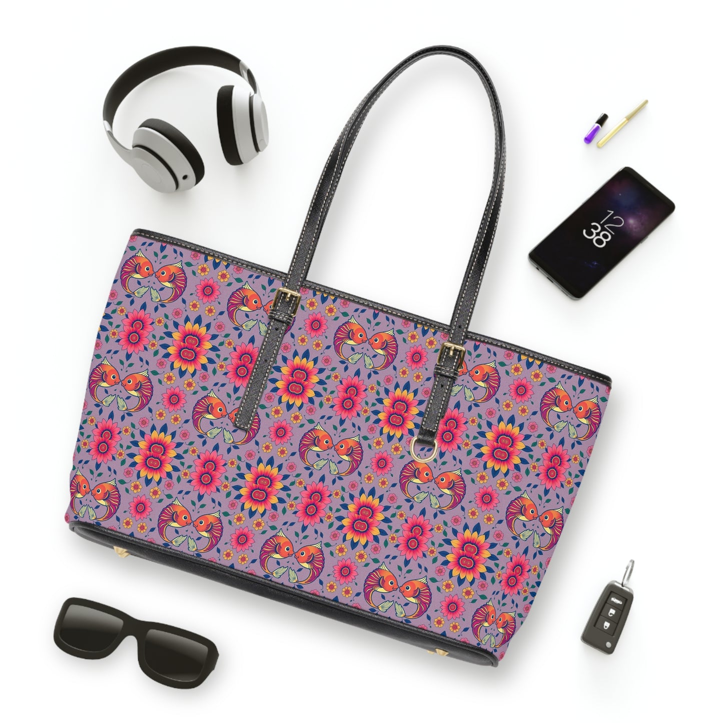 Leather Shoulder Bag, Pisces, Zodiac v1, Flower Pattern