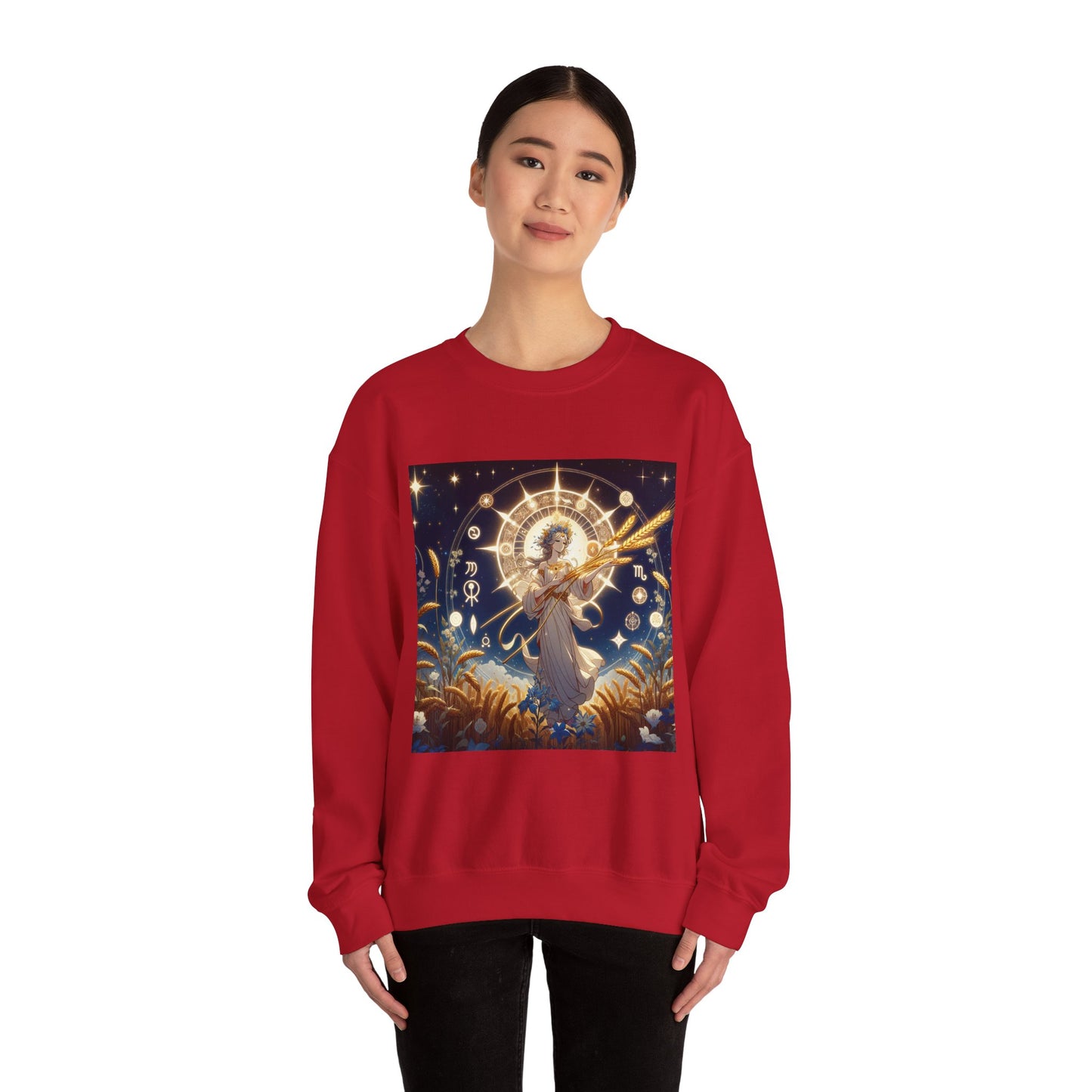 Unisex Heavy Blend™ Crewneck Sweatshirt, anime girl in wheat field, Virgo Zodiac Design