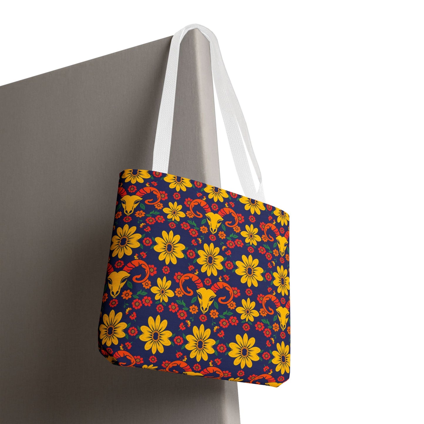 Tote Bag, (AOP), Aries, Zodiac v5, Flower Pattern