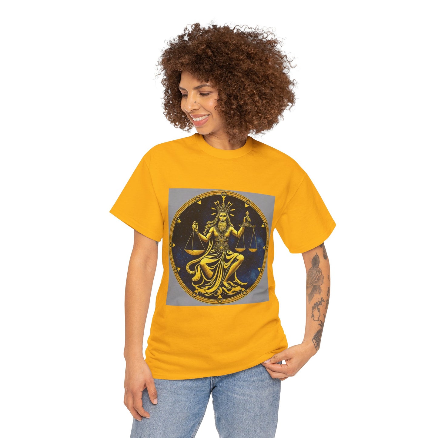 Unisex Heavy Cotton T-Shirt, Gold Libra God, Zodiac Design