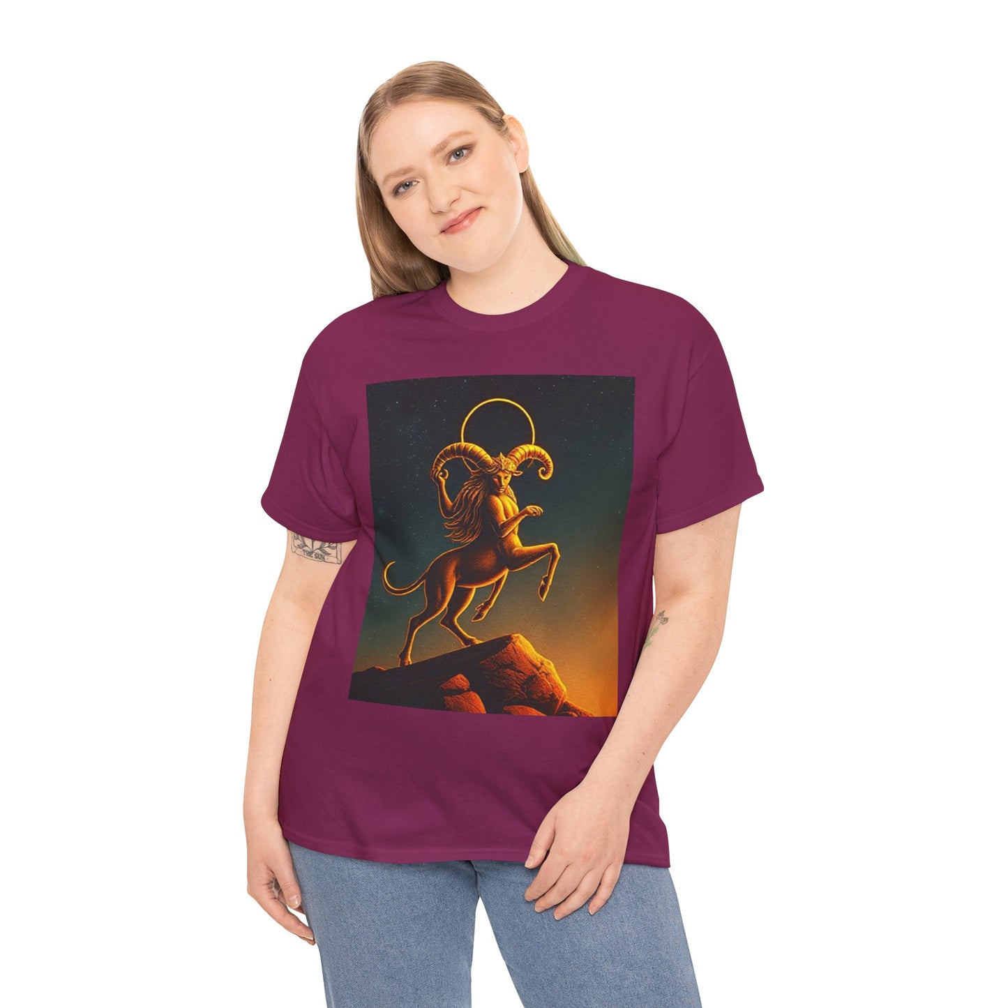 Unisex Heavy Cotton T-Shirt, Mountain Top 1v, Aries Zodiac Design