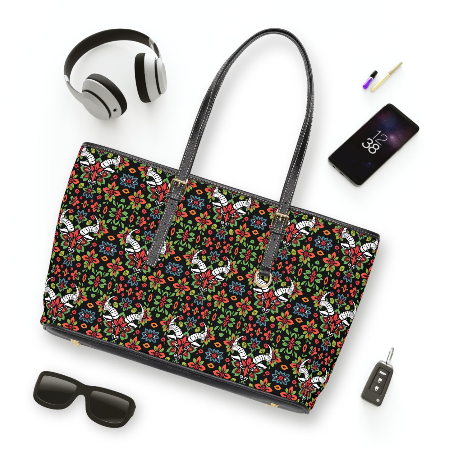 Leather Shoulder Bag, Taurus, Zodiac v1, Flower Pattern