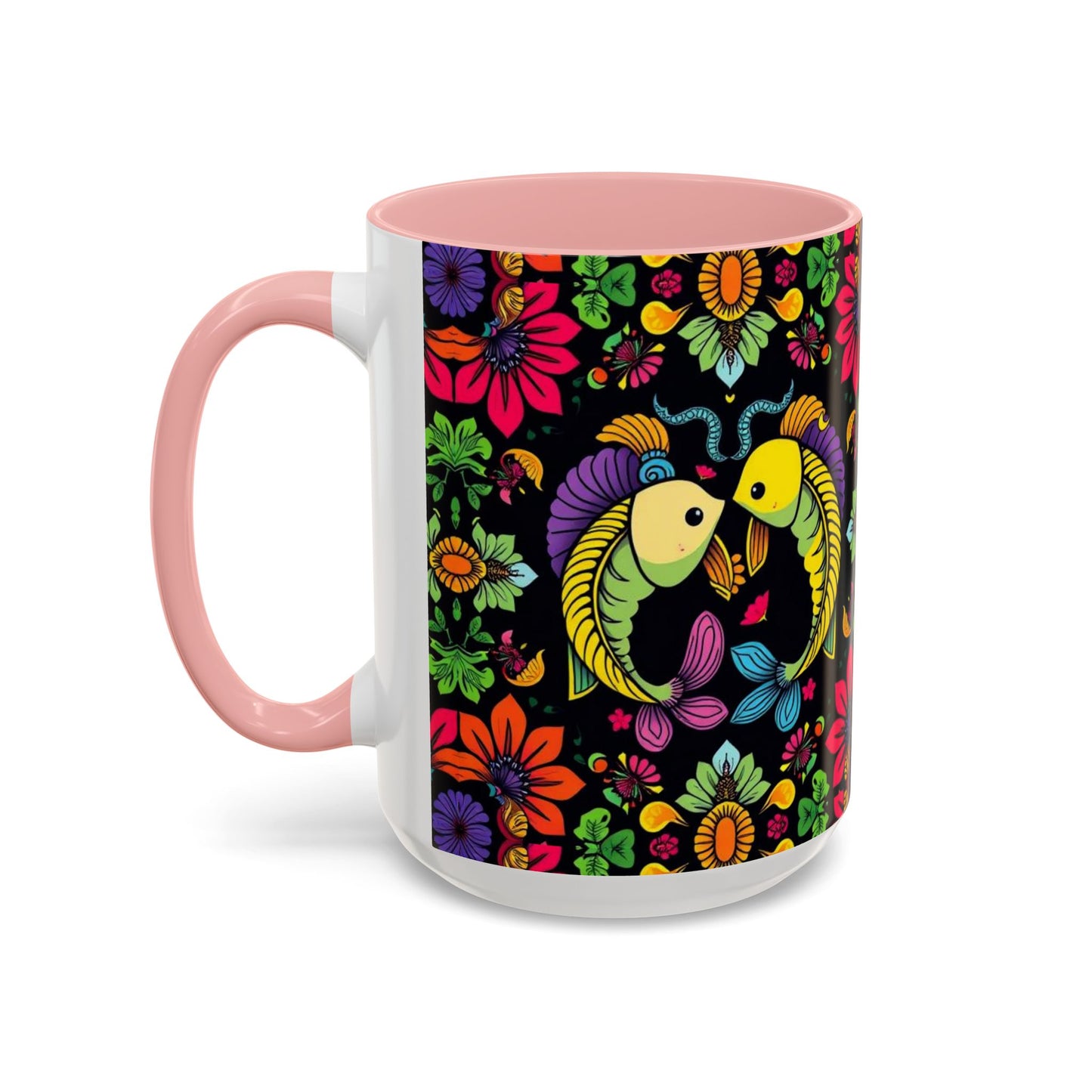 Accent Coffee Mug, Pisces, Zodiac v3, Flower Pattern, (11, 15oz)