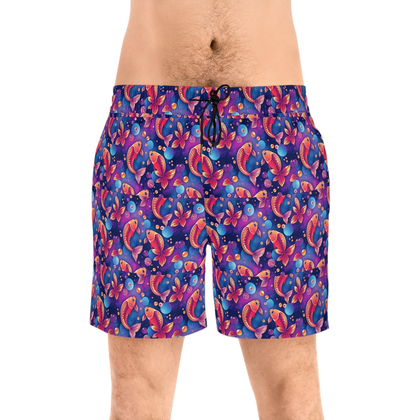 Men's Mid-Length Swim Shorts, (AOP), Pisces, Zodiac v2, Bubble Pattern