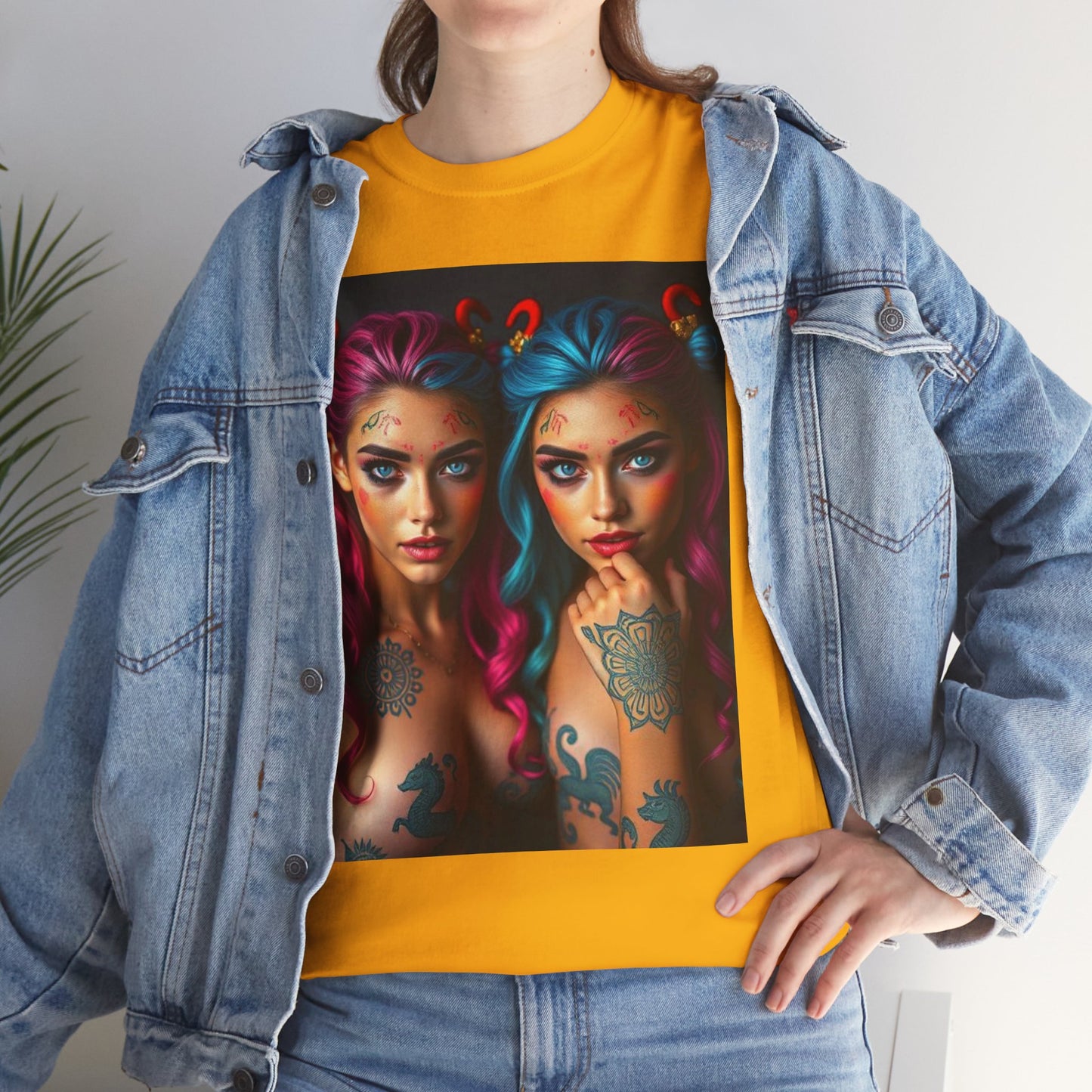 Unisex Heavy Cotton T-Shirt, Gemini, Zodiac v1, Sexy Art