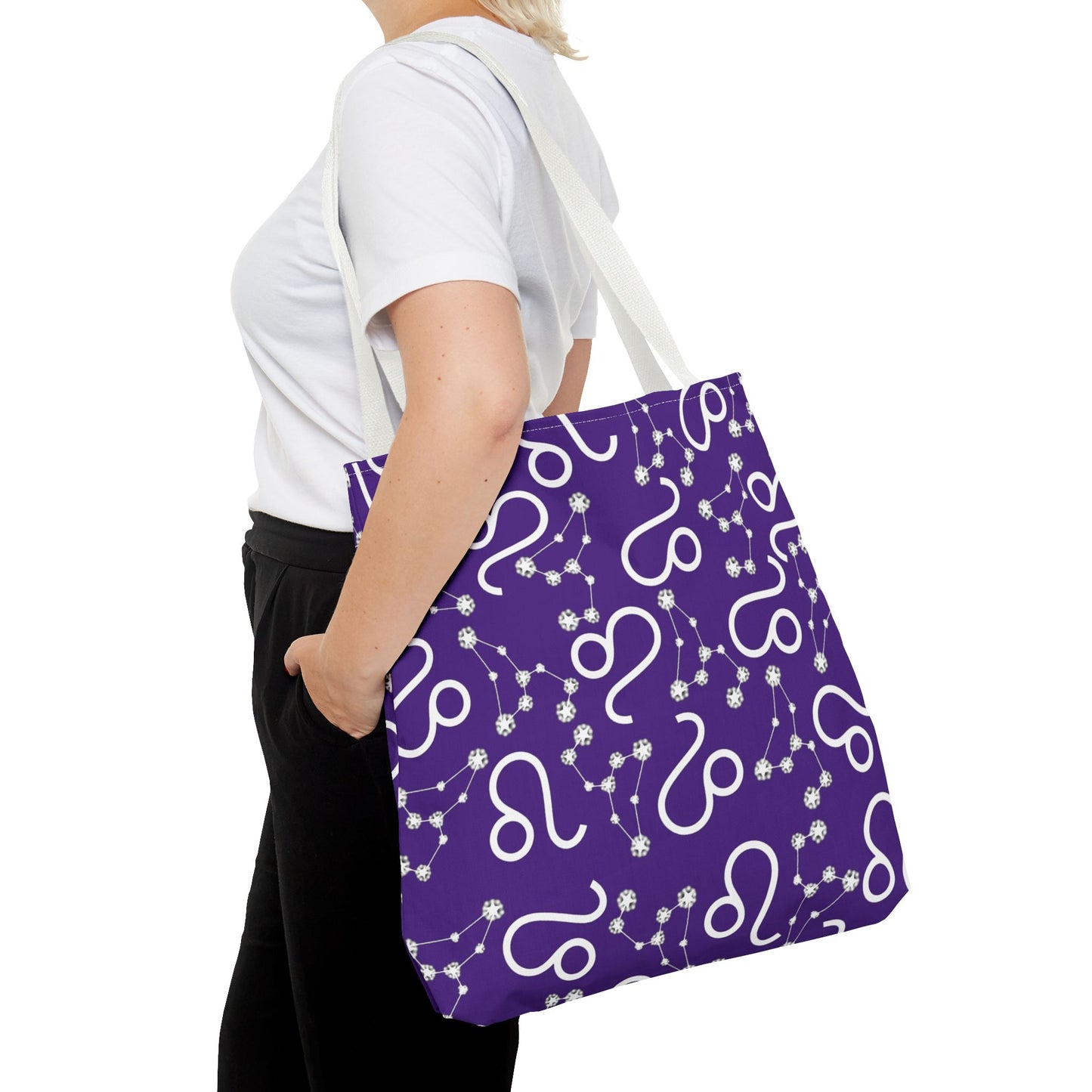 Tote Bag, Leo Zodiac Sign, AOP, (Purple, White)