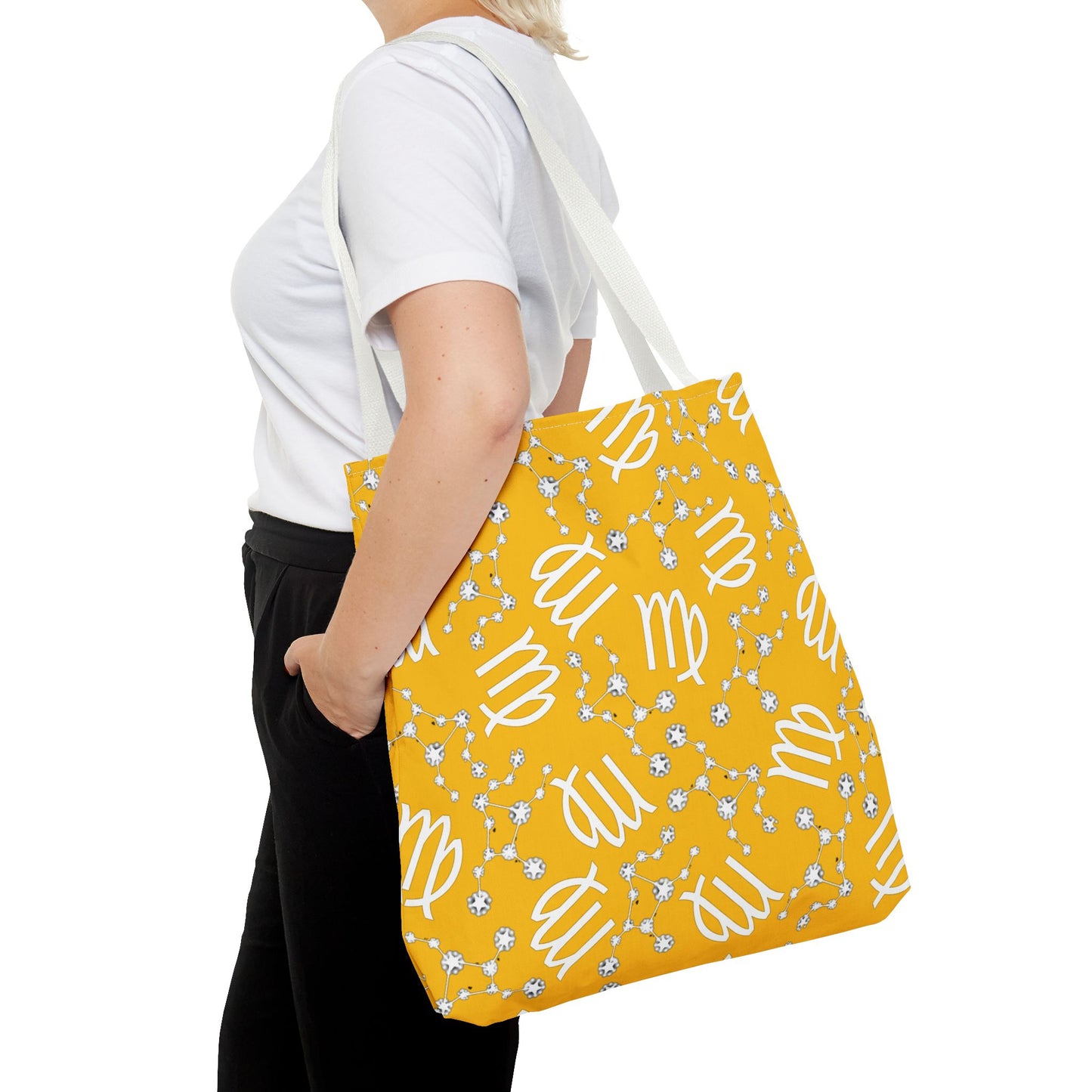 Tote Bag, Virgo Zodiac Sign, AOP, (Yellow White)
