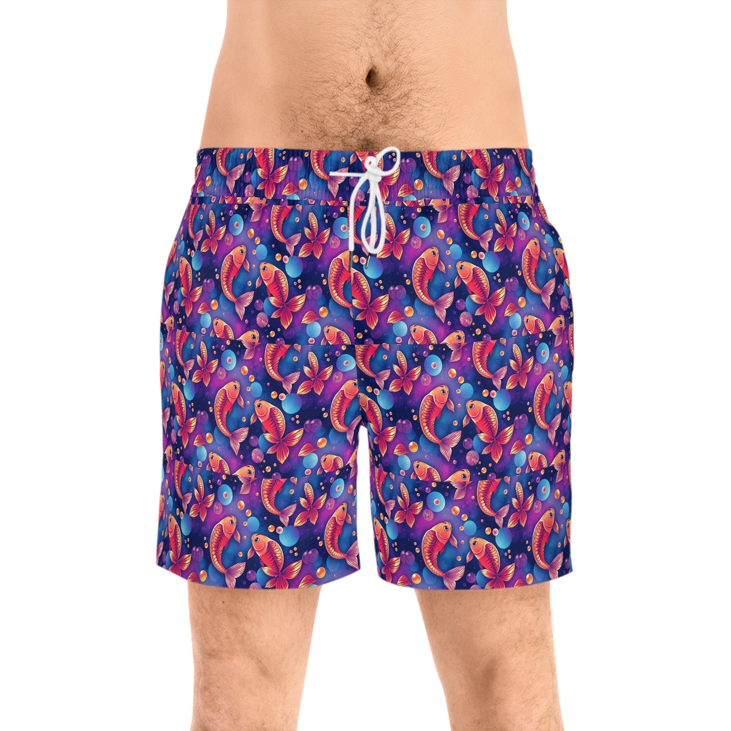 Men's Mid-Length Swim Shorts, (AOP), Pisces, Zodiac v2, Bubble Pattern