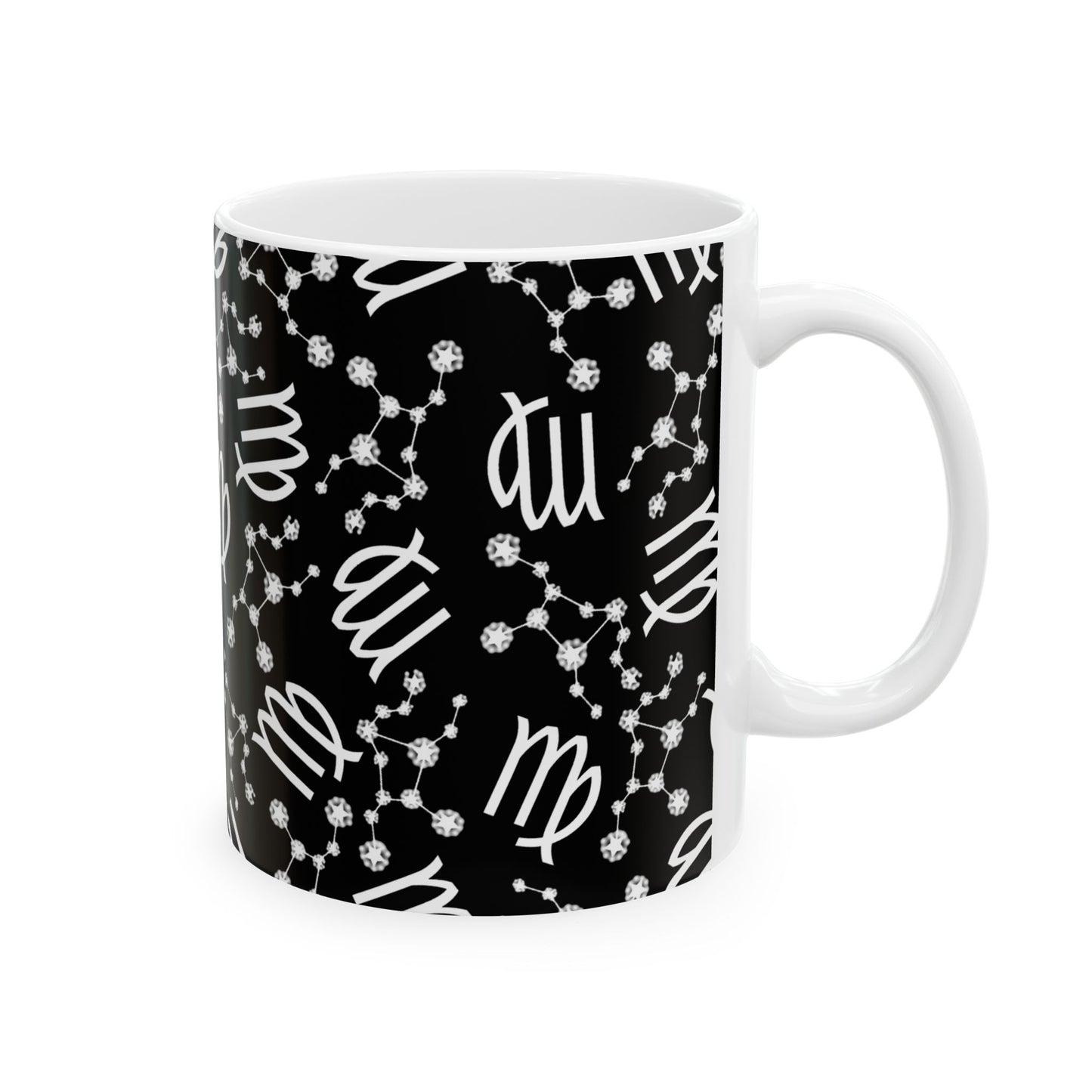 Ceramic Mug, (11oz, 15oz), Ceramic Coffee Mug, Black AOP, Virgo Zodiac Design