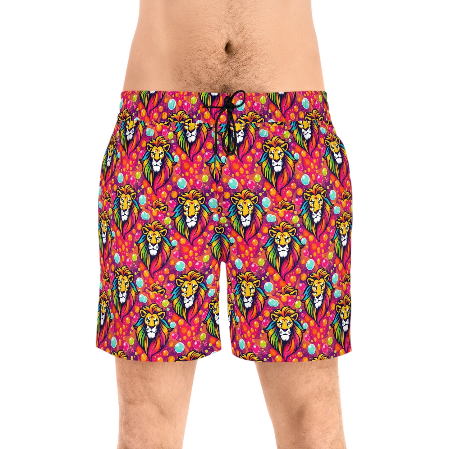 Men's Mid-Length Swim Shorts, (AOP), Leo, Zodiac, Bubble Pattern