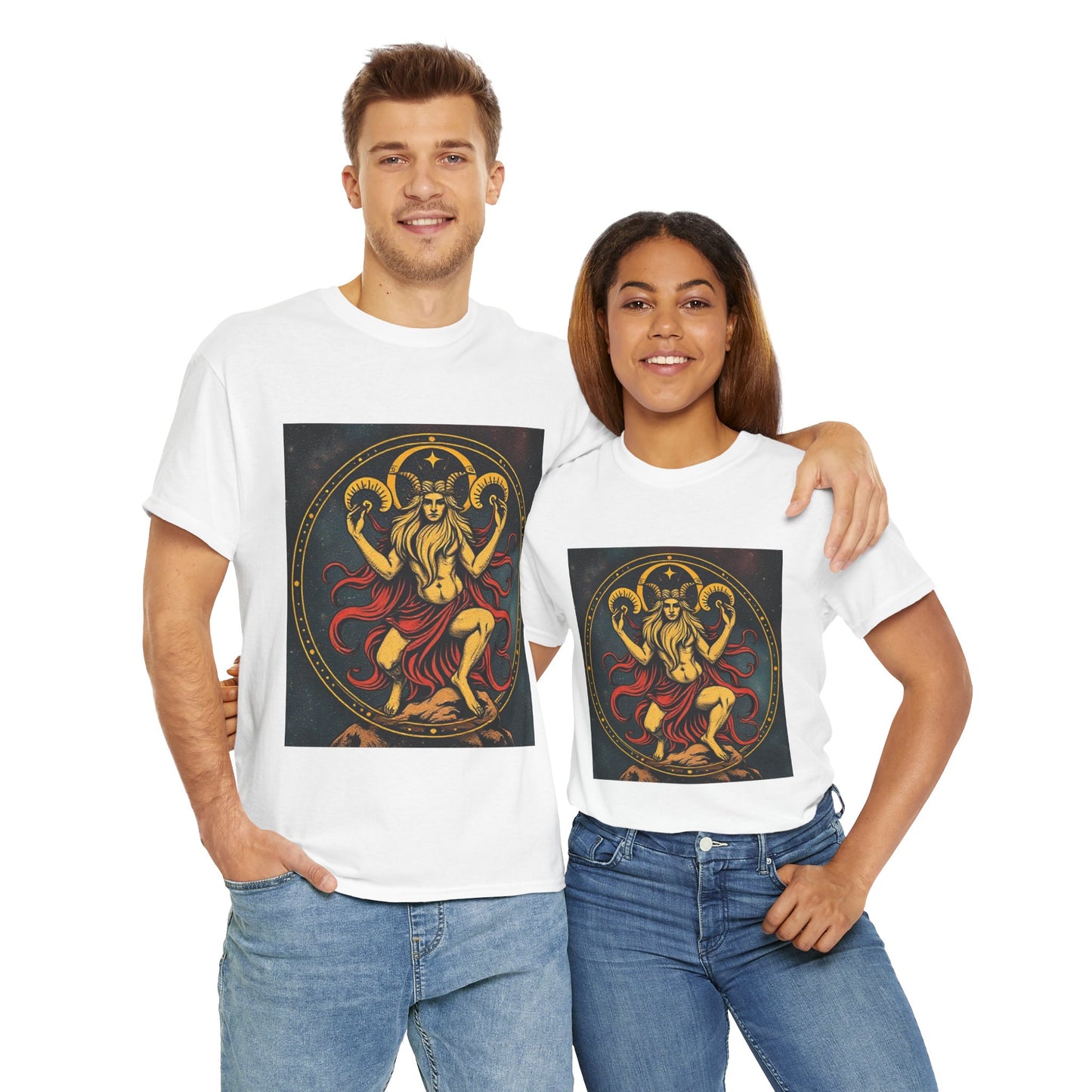 Unisex Heavy Cotton T-Shirt, Aries God 3v, Zodiac Design
