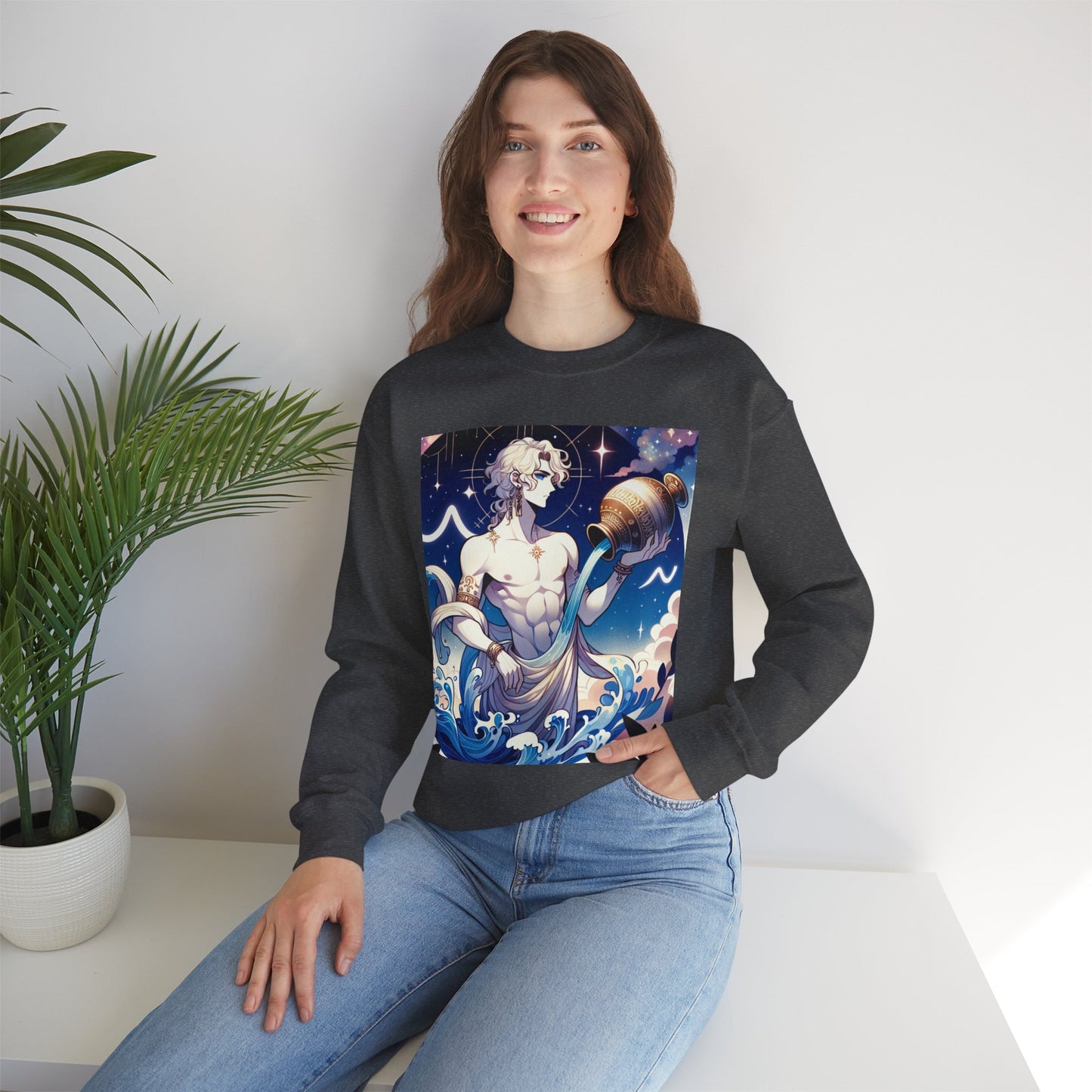 Unisex Heavy Blend™ Crewneck Sweatshirt, Anime Aqua God, Aquarius Zodiac Design