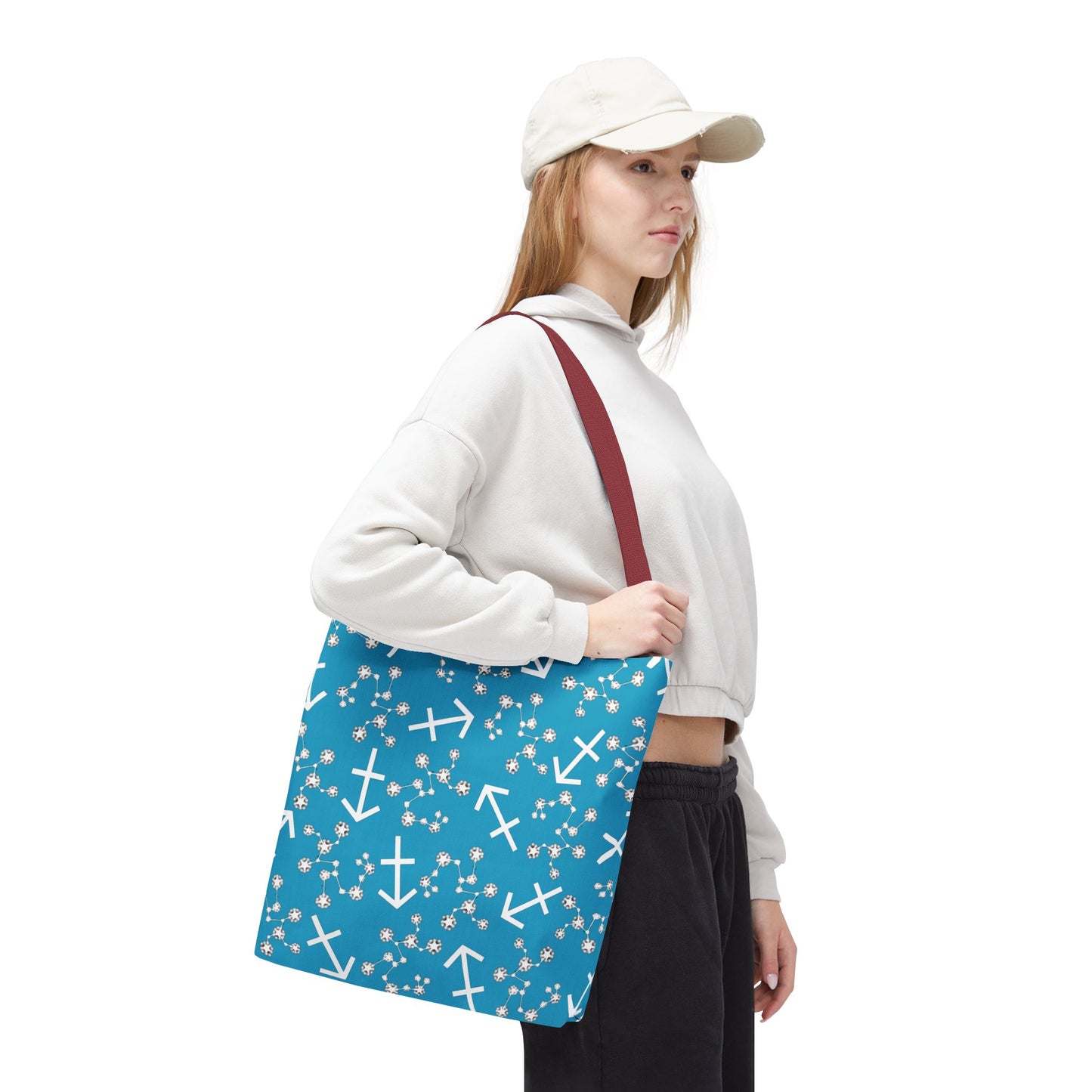 Tote Bag, Sagittarius Zodiac Sign, AOP, (Turquoise, White Print)