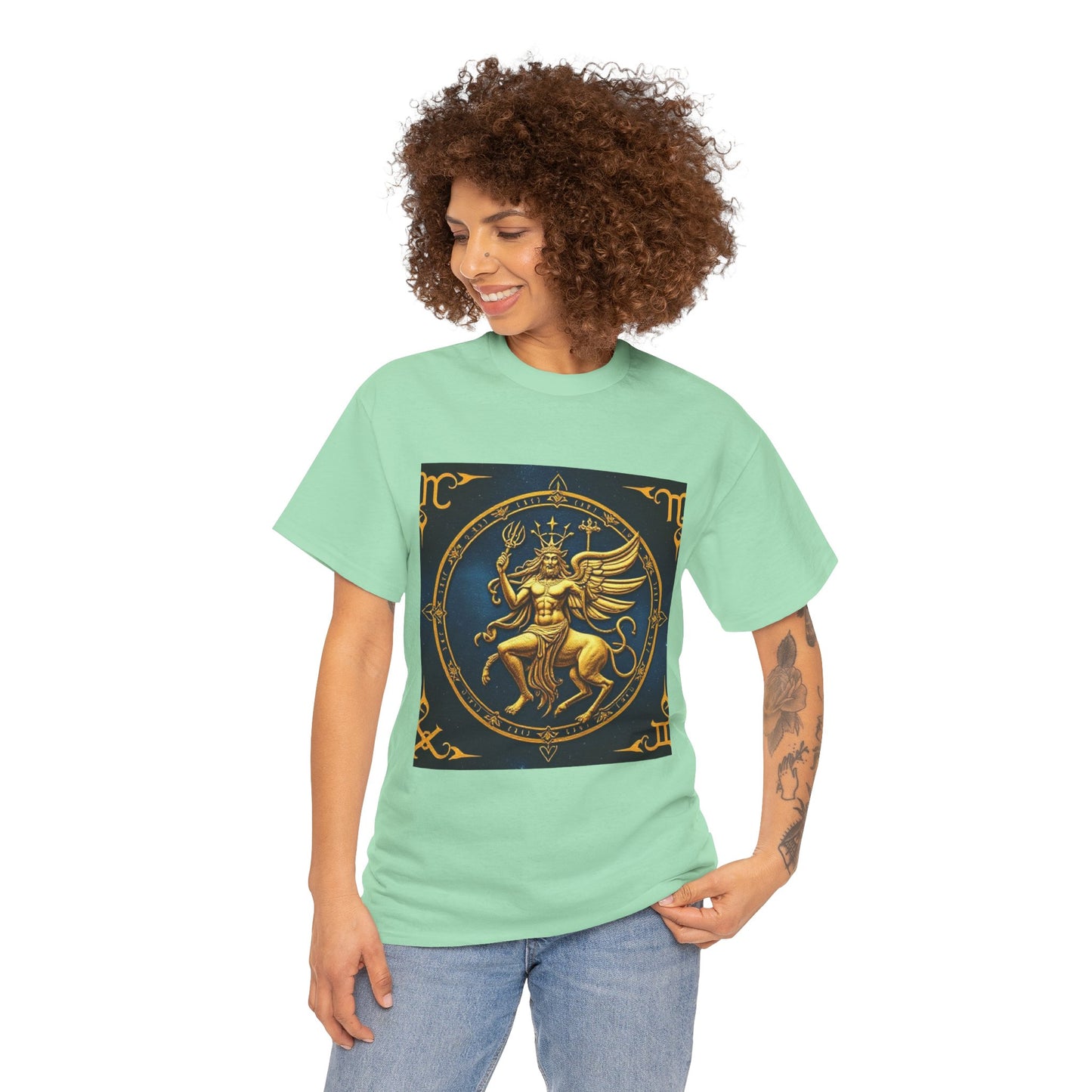 Unisex Heavy Cotton T-Shirt, Gold Angel, Symbol, Virgo Zodiac Design