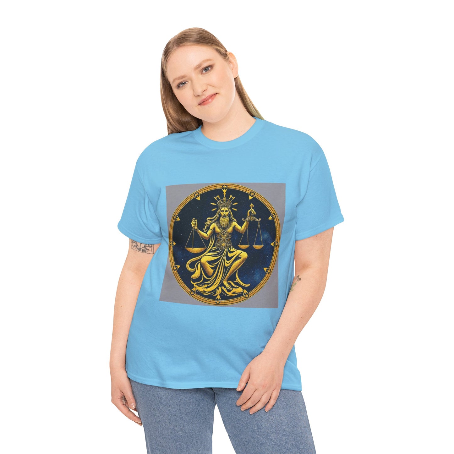 Unisex Heavy Cotton T-Shirt, Gold Libra God, Zodiac Design