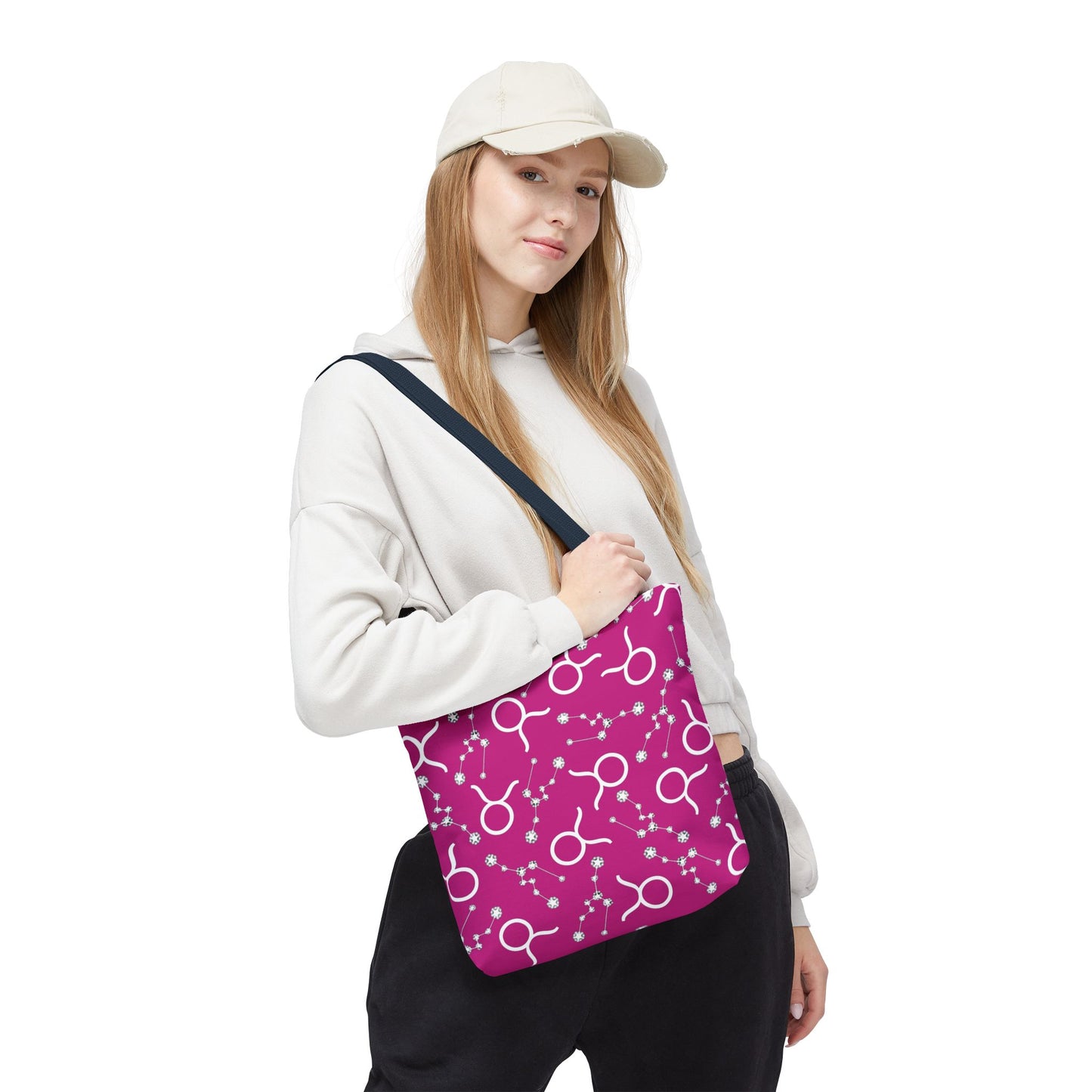 Tote Bag, Taurus Zodiac Sign, AOP, (Pink, White)