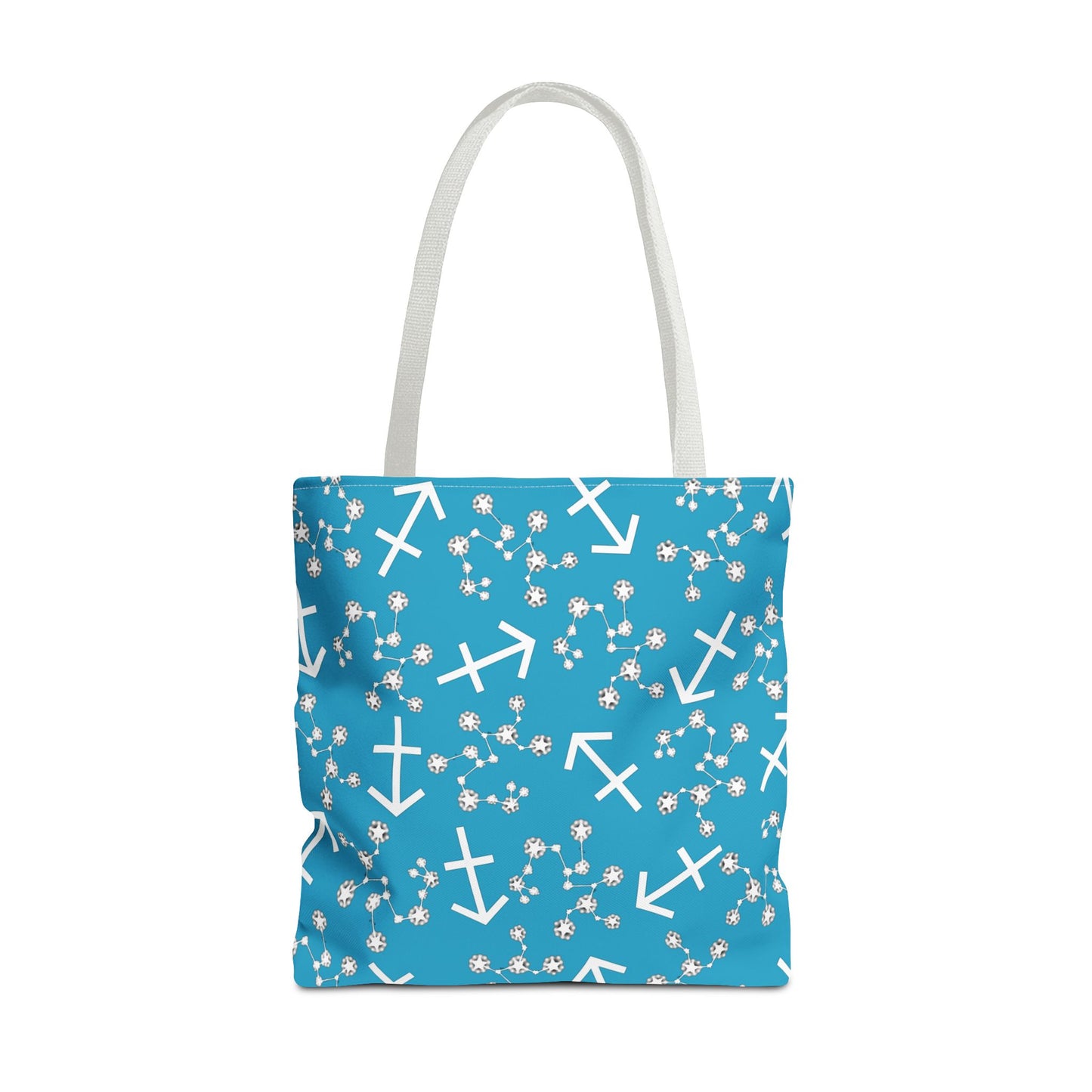 Tote Bag, Sagittarius Zodiac Sign, AOP, (Turquoise, White Print)