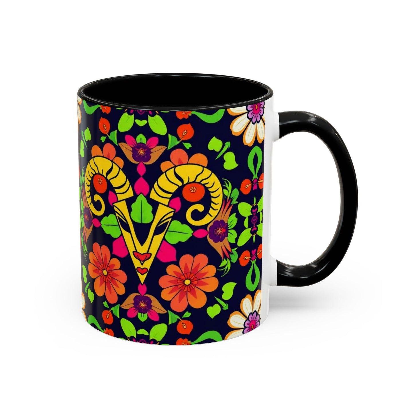 Accent Coffee Mug, Aries, Zodiac v2, Flower Pattern, (11, 15oz)