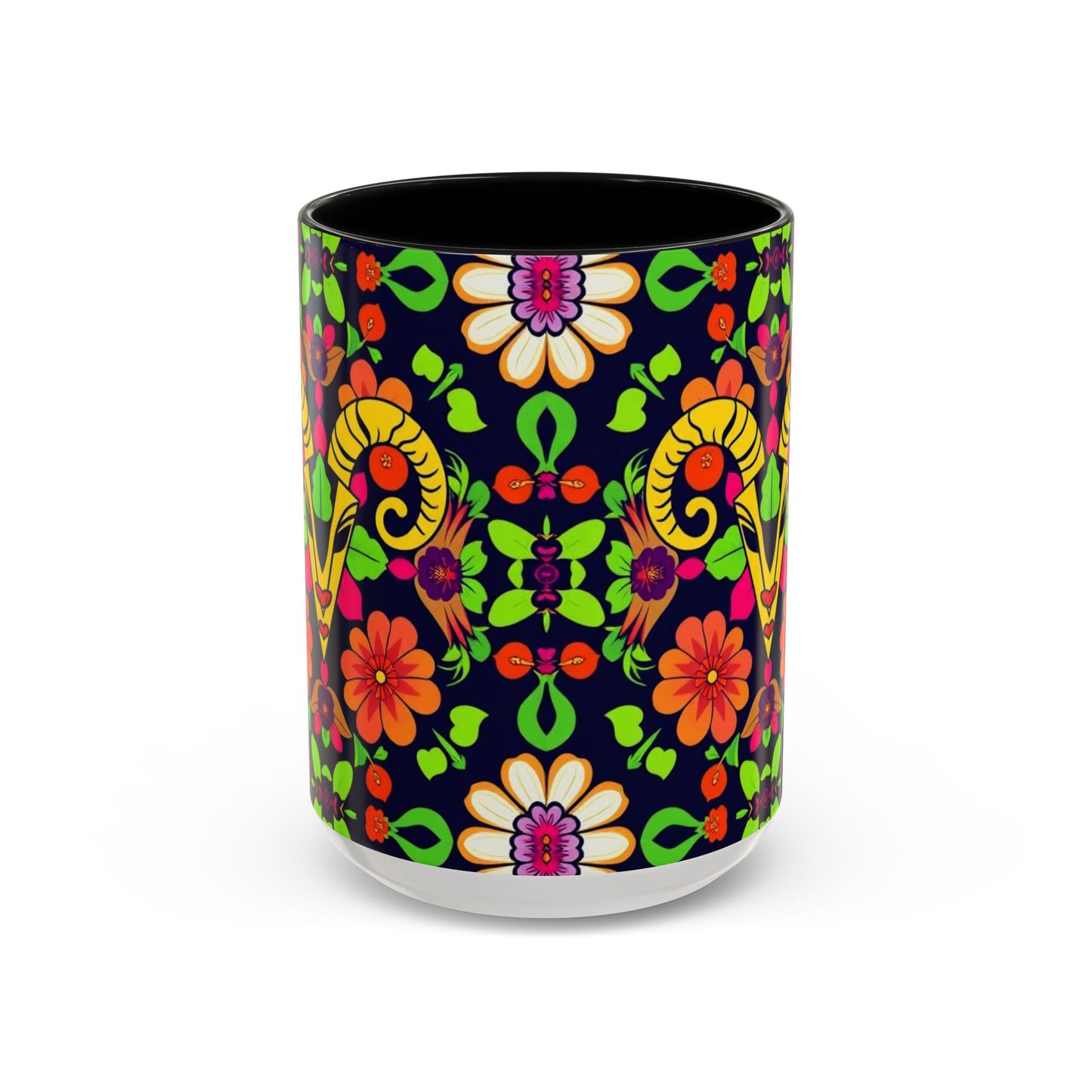 Accent Coffee Mug, Aries, Zodiac v2, Flower Pattern, (11, 15oz)