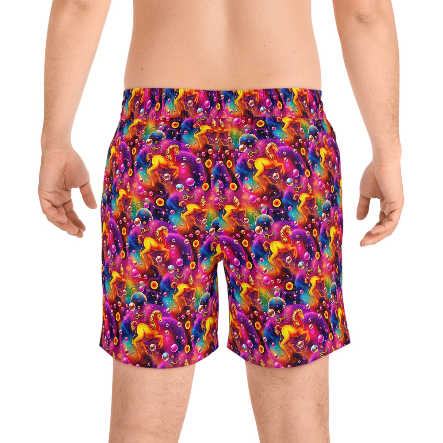 Men's Mid-Length Swim Shorts, (AOP), Virgo, Zodiac v1, Bubble Pattern